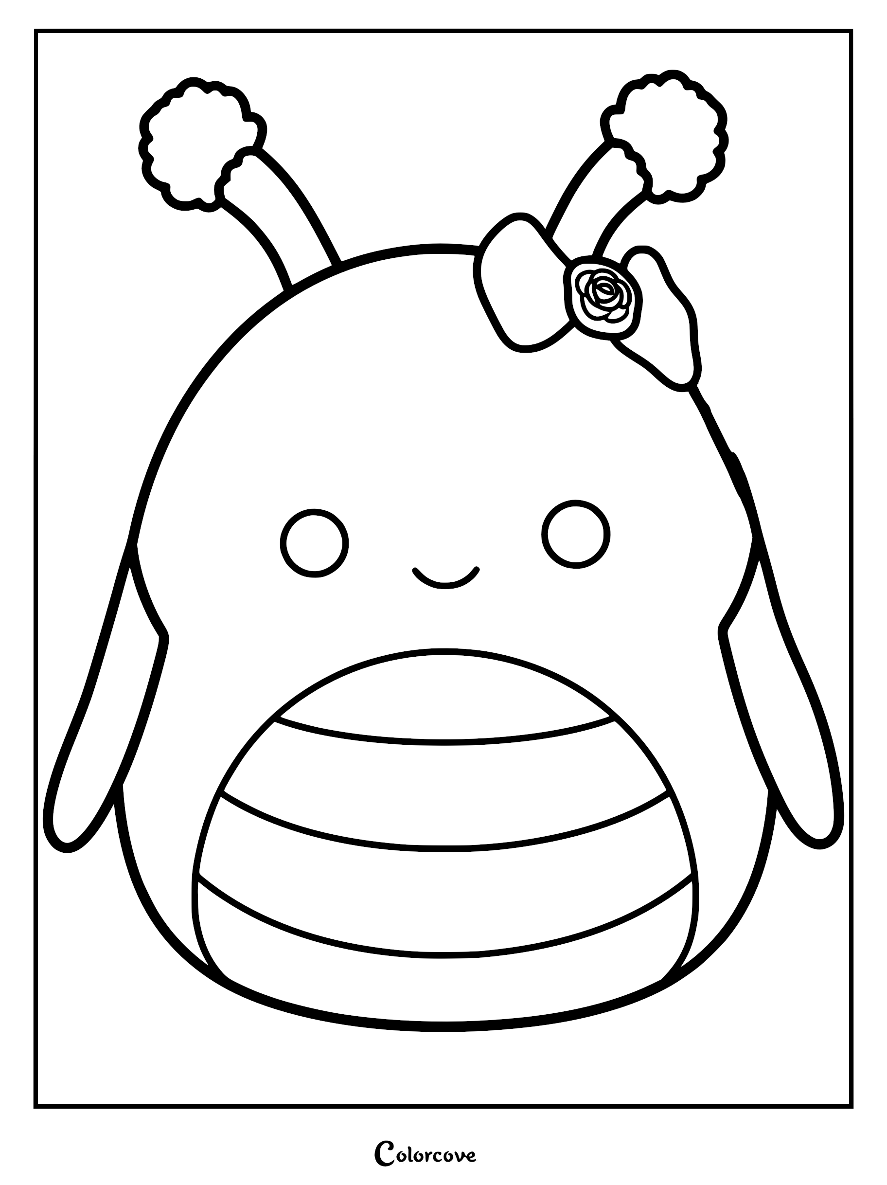 Free Squishmallow coloring page featuring a cute grasshopper character with antennae, fluffy tips, and a rose-centered bow.