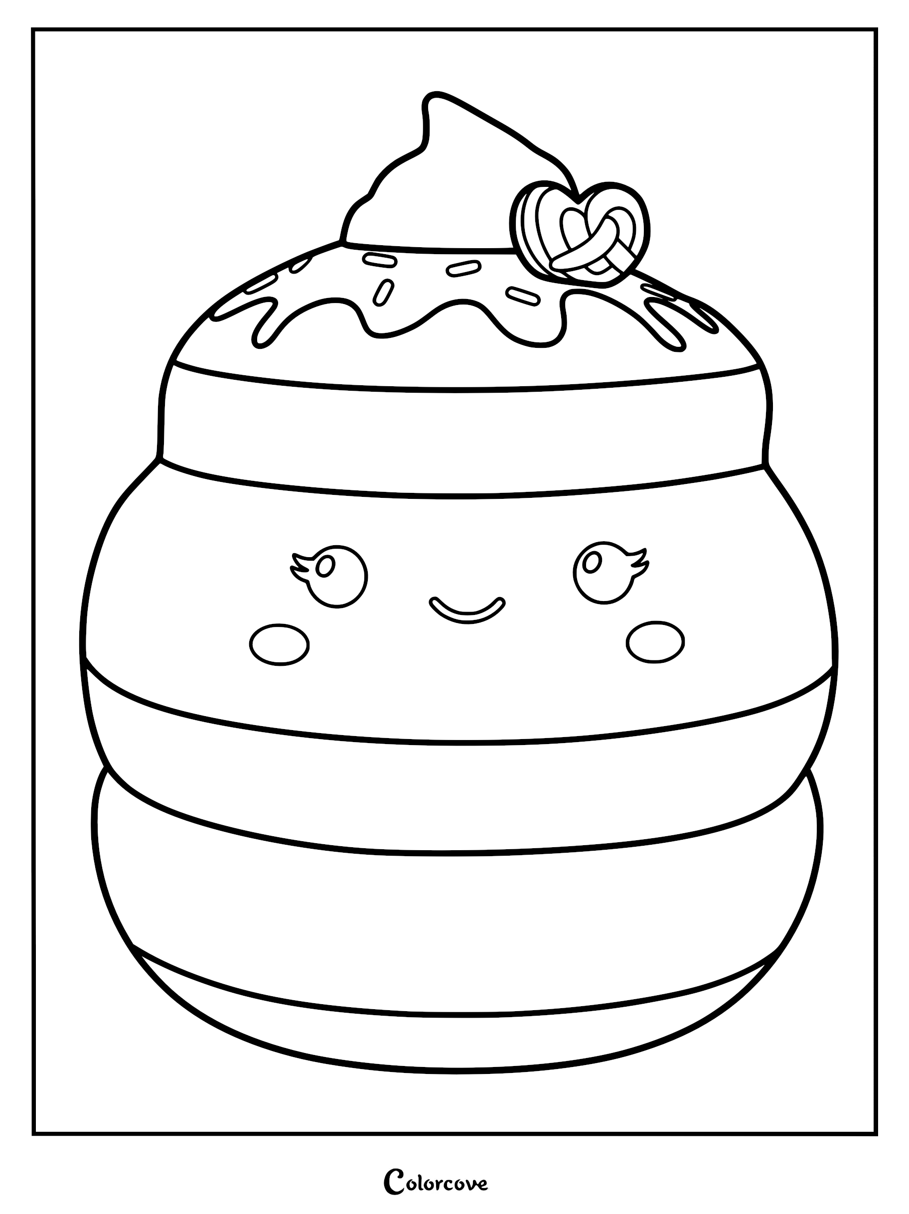 Una the Ube Pancakes Squishmallow coloring page featuring a stack of pancakes with a dollop of whipped cream and a pretzel topping.