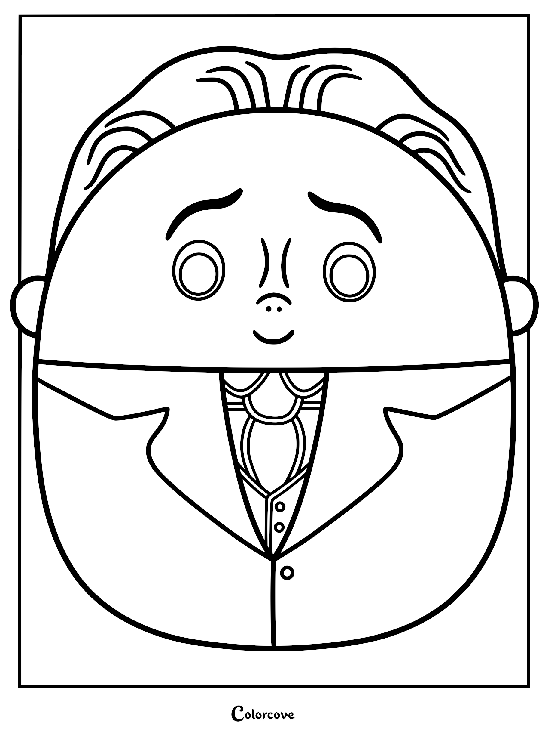 A printable coloring page featuring a Victor from Corpse Bride themed Squishmallow plushie with his signature suit, cravat, and messy hair style.