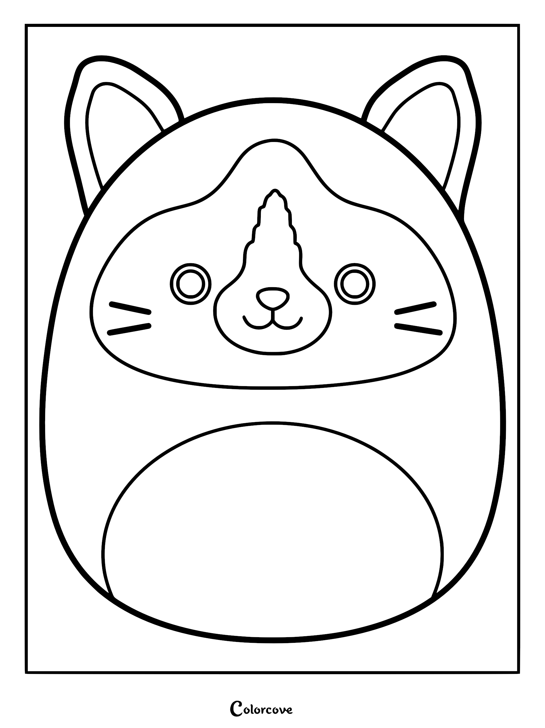 Woodward the Snowshoe Cat Squishmallow coloring page with simple rounded lines, pointed ears, and a characteristic facial marking.