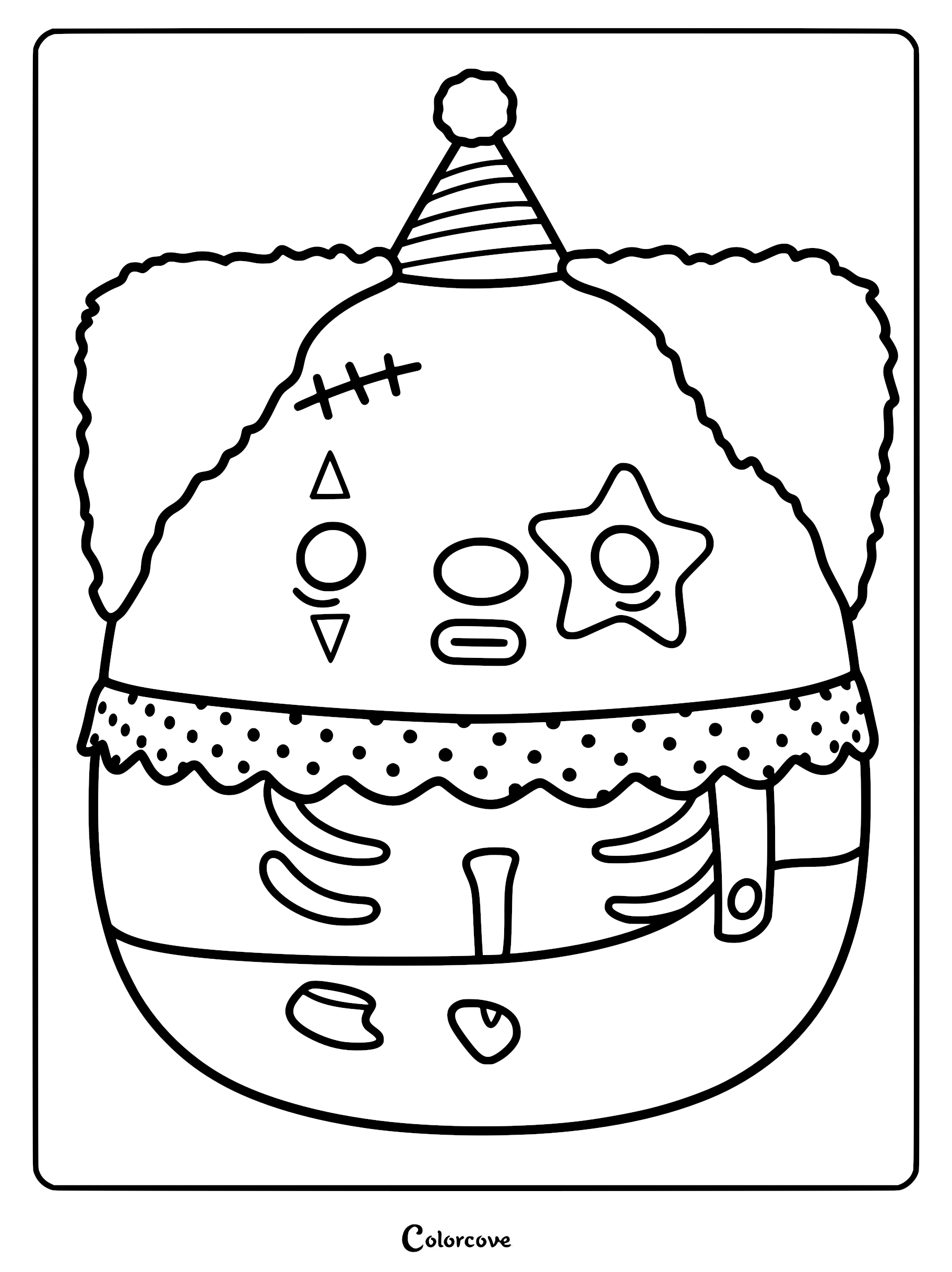 A printable coloring page of Axis the Zombie Clown Squishmallow, featuring a party hat, stitched forehead, star eye, and exposed ribcage design.