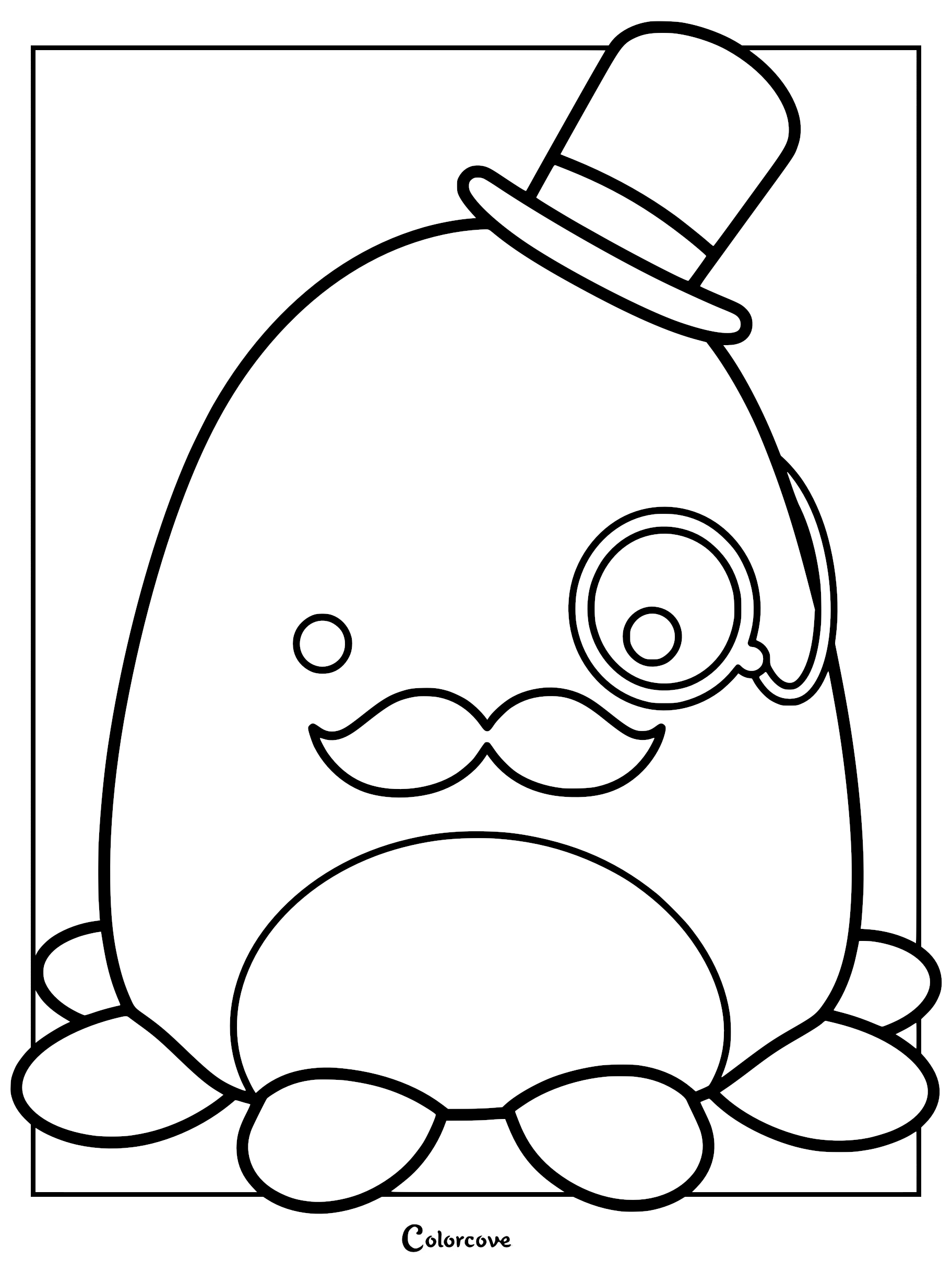 A printable free Squishmallow coloring page of Zobey the octopus wearing a formal top hat, a handle-bar mustache, and a monocle over his left eye.