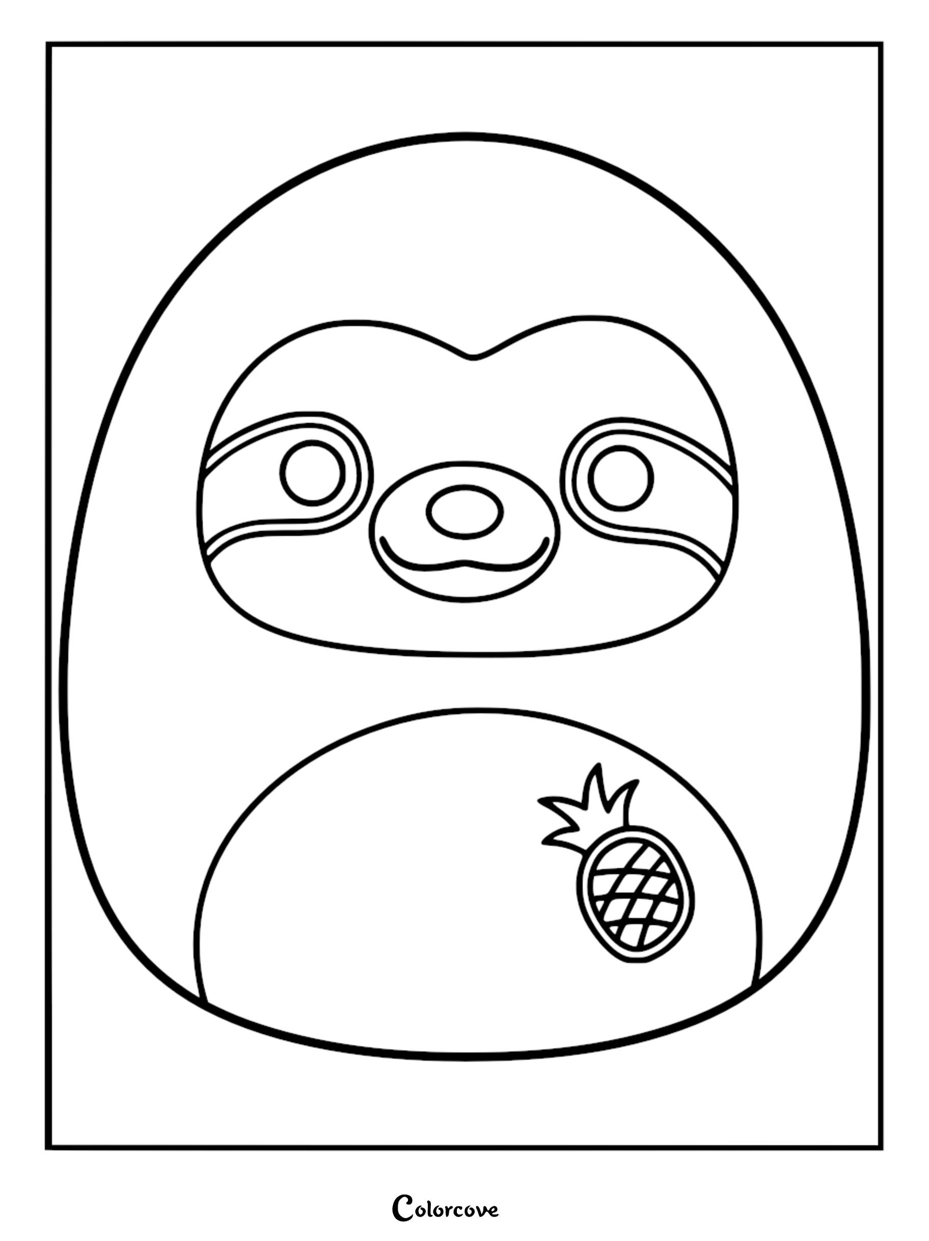 Bermuda the pineapple scented sloth Squishmallow coloring page featuring a cute sloth character with a small pineapple icon on its belly.