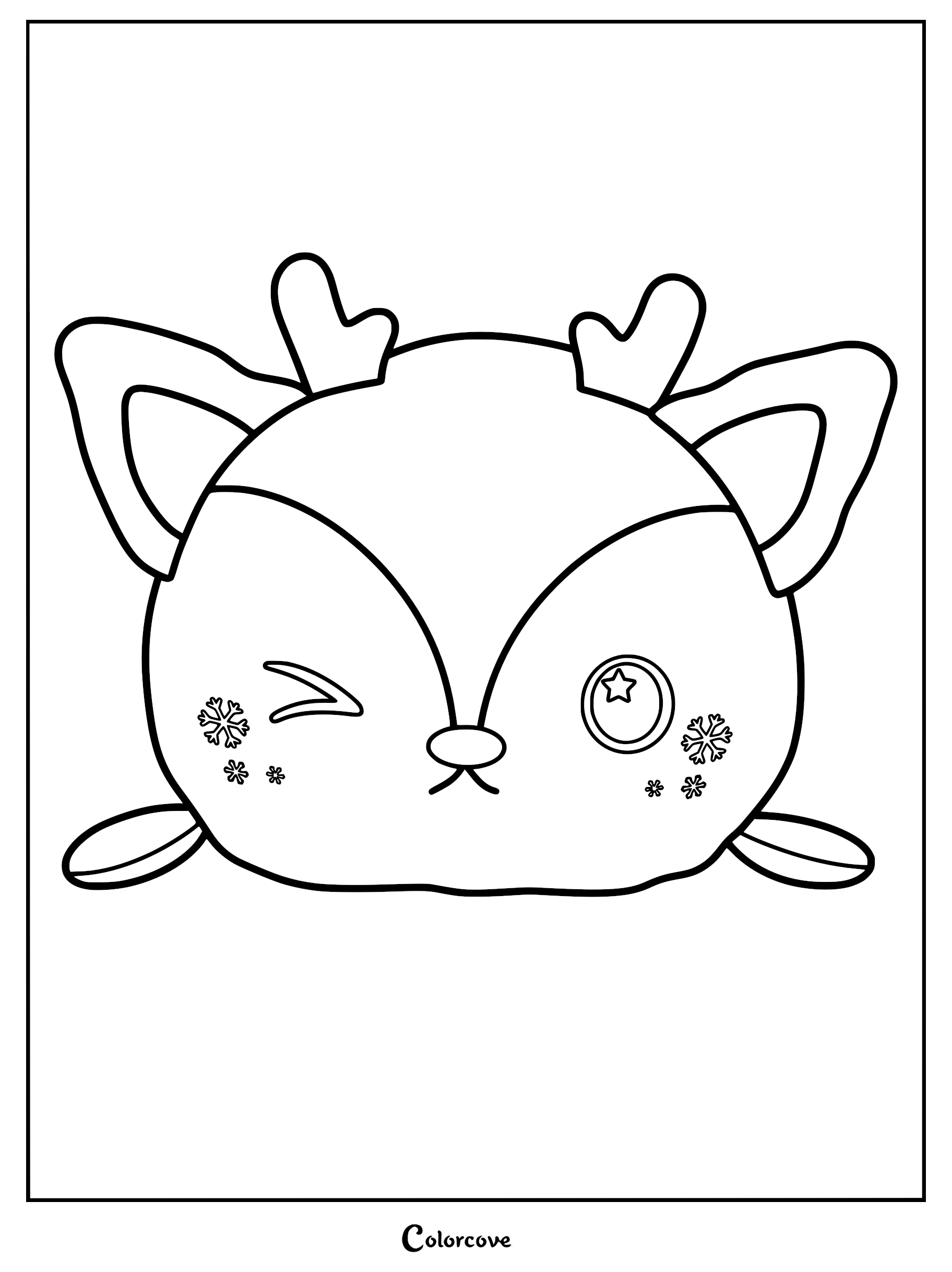 A printable Squishmallow coloring page of Blitzy the Deer featuring antlers, a winking eye, a star-shaped pupil, and decorative snowflakes on its cheeks.