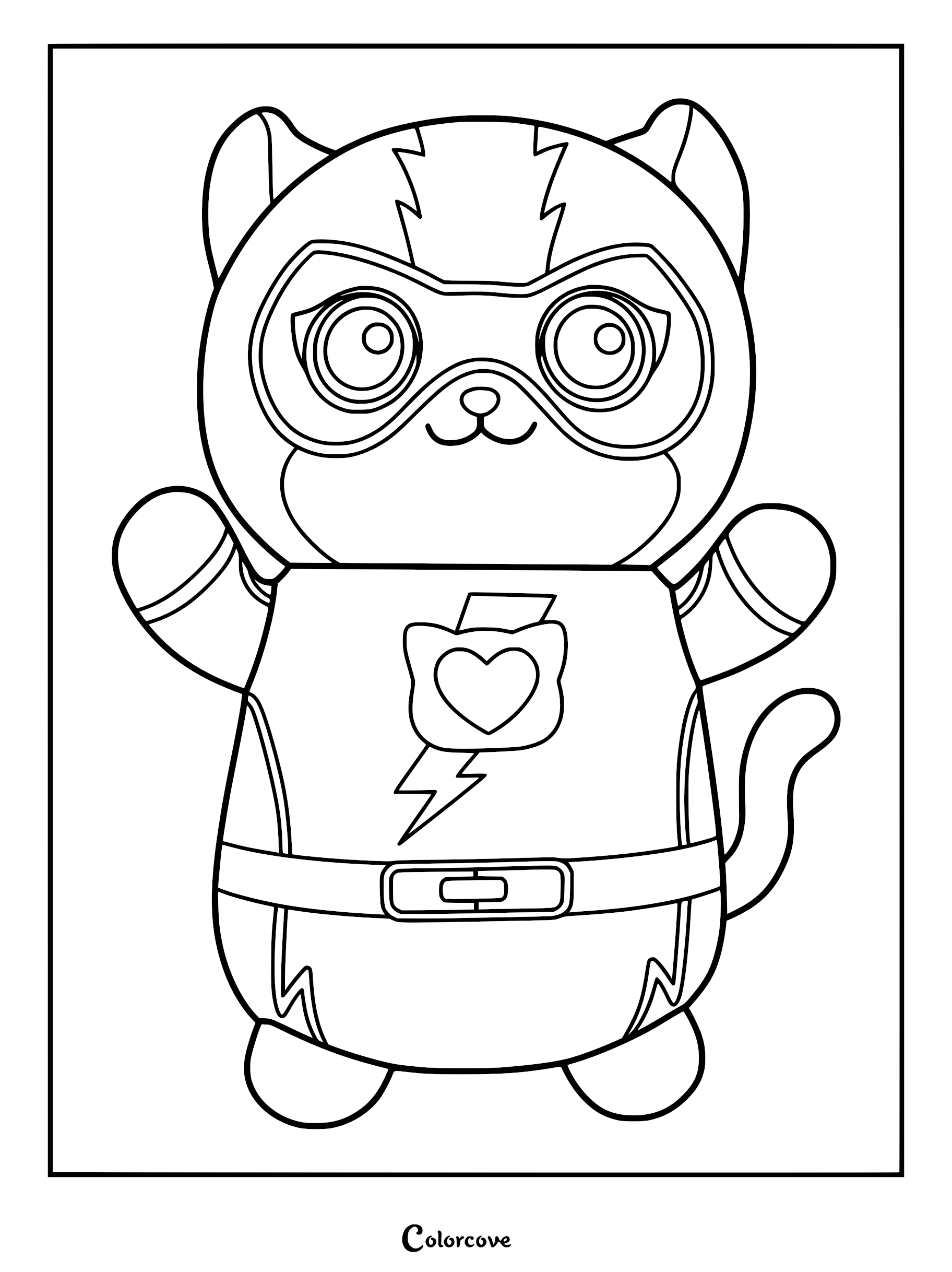 A printable coloring page featuring Buddy the Hugmee Squishmallow wearing a superhero mask, lightning bolt emblem with a heart, and a utility belt.