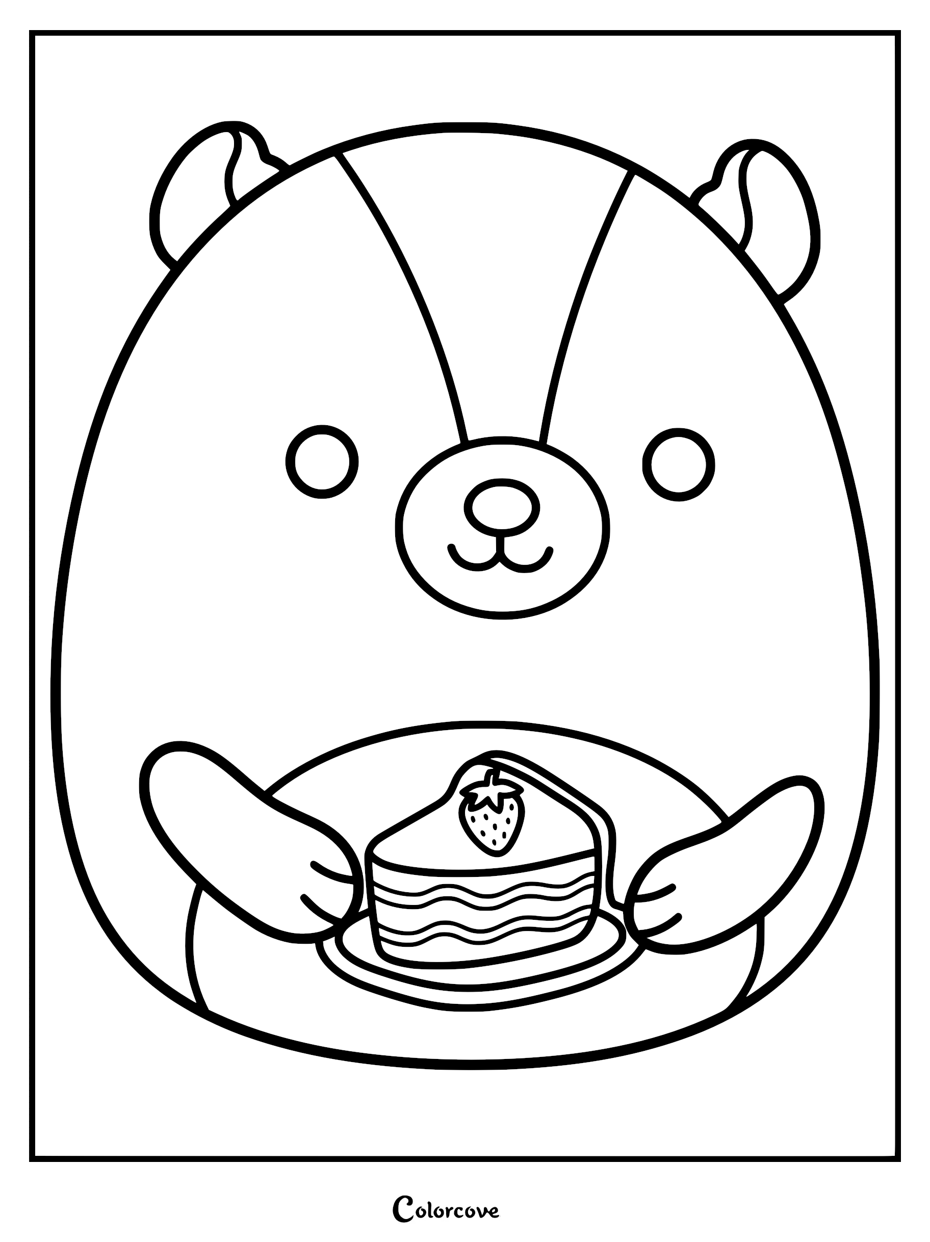 A printable coloring page featuring Caspian the Purple Skunk Squishmallow holding a layered strawberry cake slice.