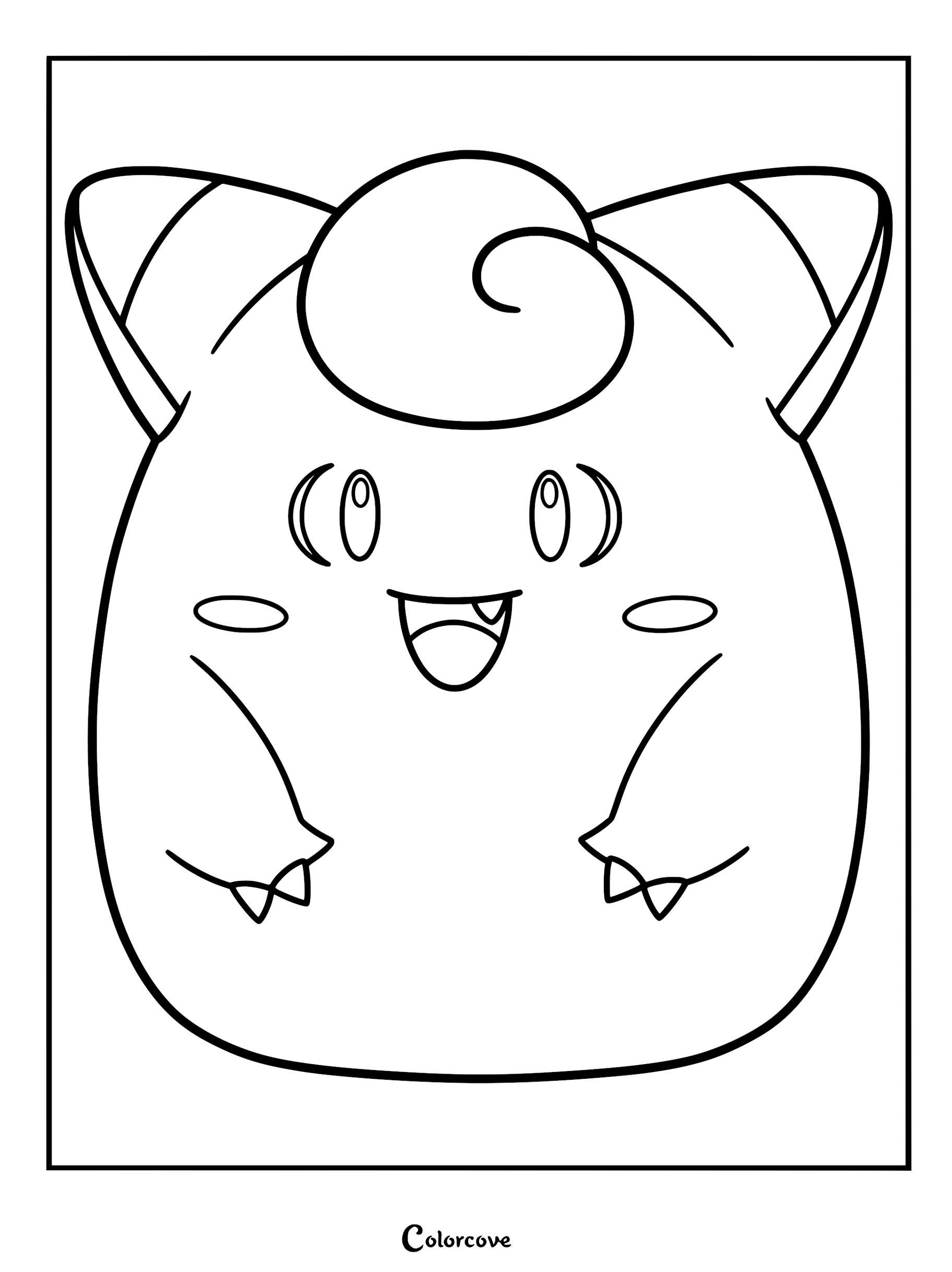 A printable coloring page featuring a Clefairy drawn in the round, plush aesthetic of a Squishmallow with large eyes and a curled forelock.