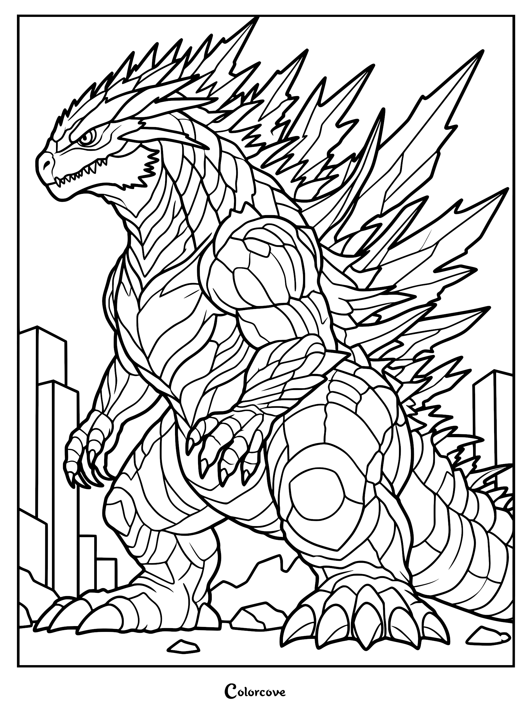 A detailed Godzilla coloring page featuring the kaiju with crystalline dorsal fins standing amidst city skyscrapers.