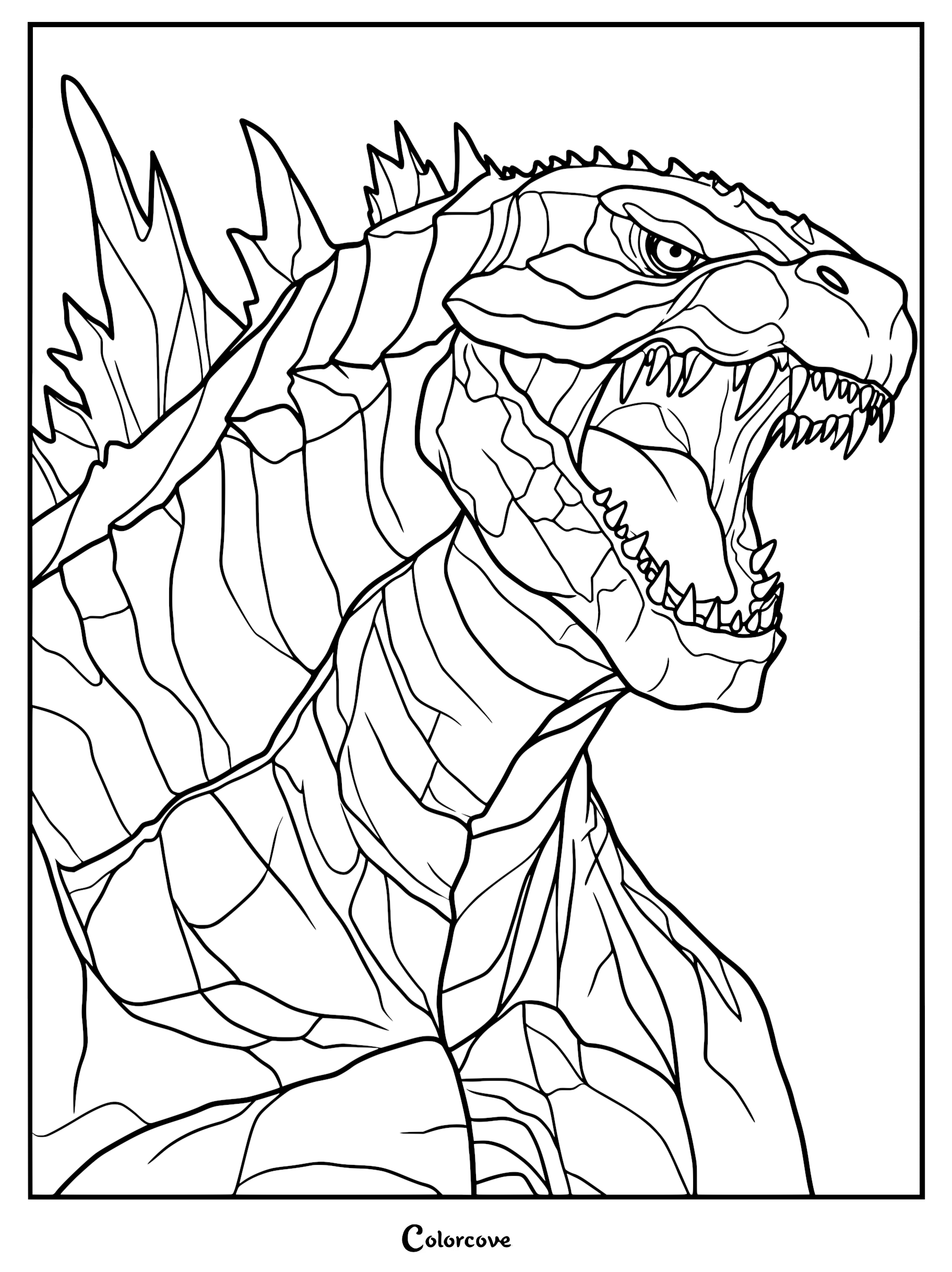 A detailed coloring page featuring a close-up profile of Godzilla with jagged dorsal fins and mouth wide open in a roar.