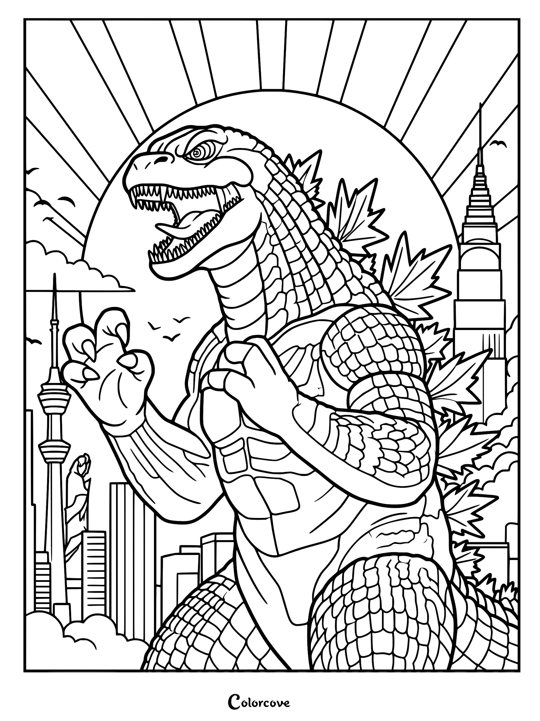 A detailed Godzilla coloring page featuring the giant monster roaring against a stylized city skyline and a bright sunburst background.