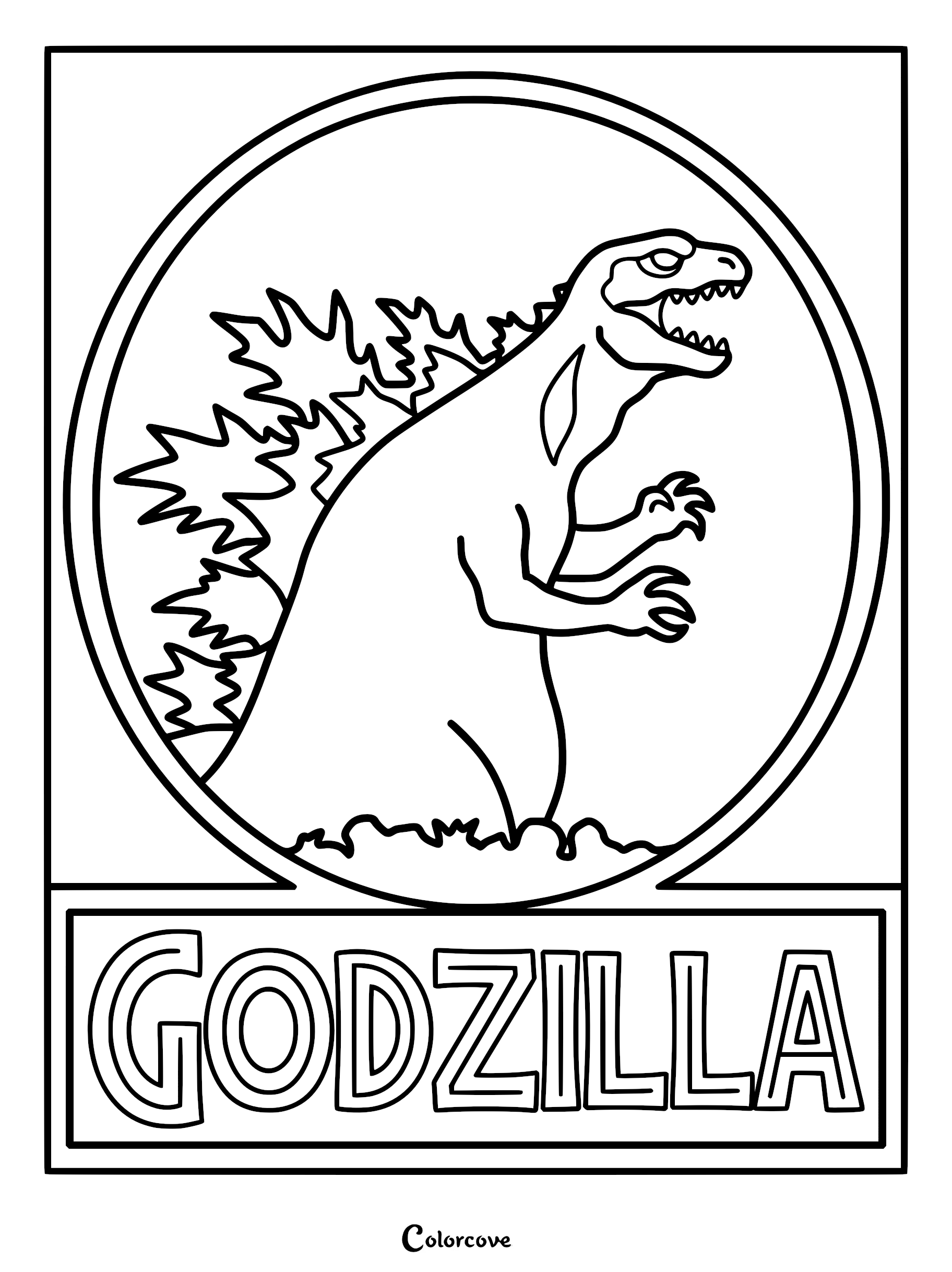 A printable coloring page featuring the iconic Godzilla silhouette inside a circular border above bold block text reading GODZILLA.