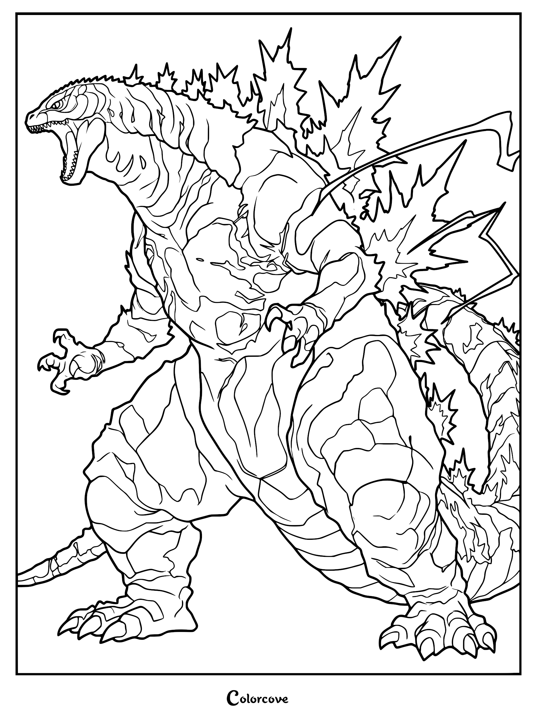 A detailed coloring page of Godzilla standing in a powerful pose with its mouth open, jagged dorsal fins glowing, and claws extended.