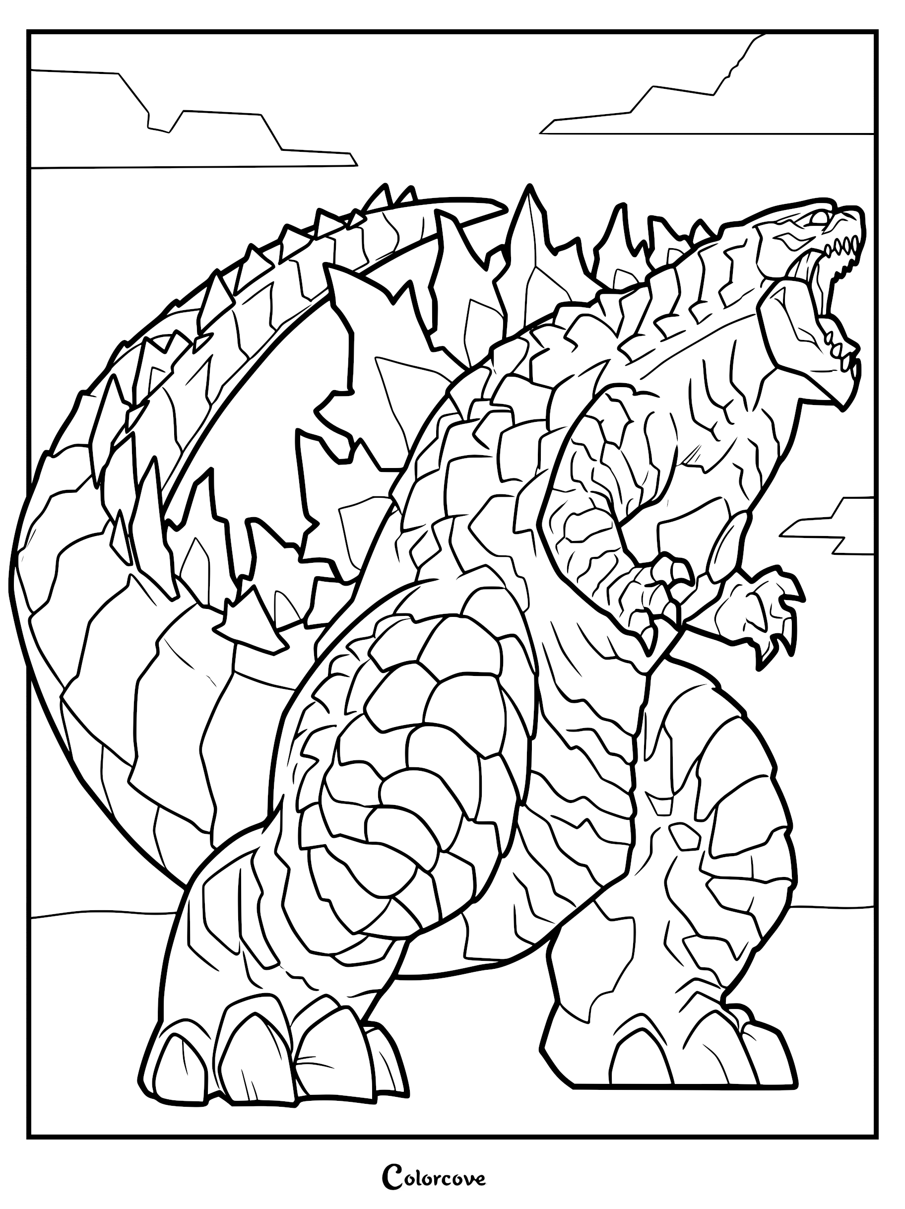 Godzilla roaring with jagged dorsal plates in a detailed line art coloring page style.