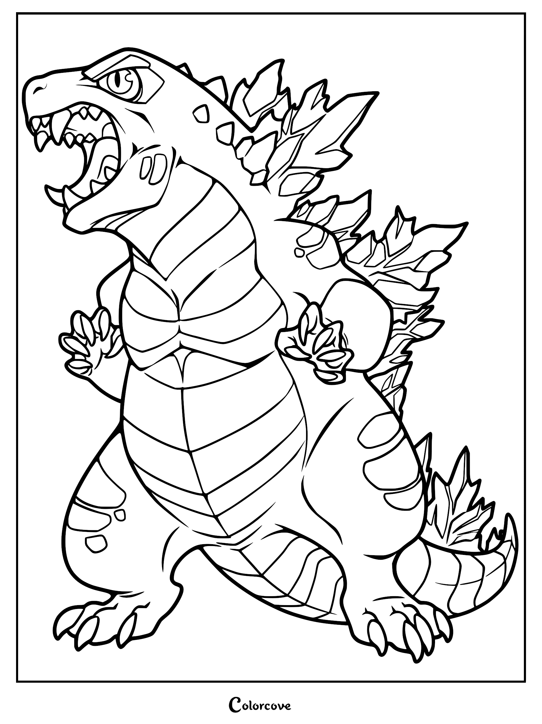A stylized chibi-style Godzilla roaring with jagged dorsal plates on a printable coloring page.