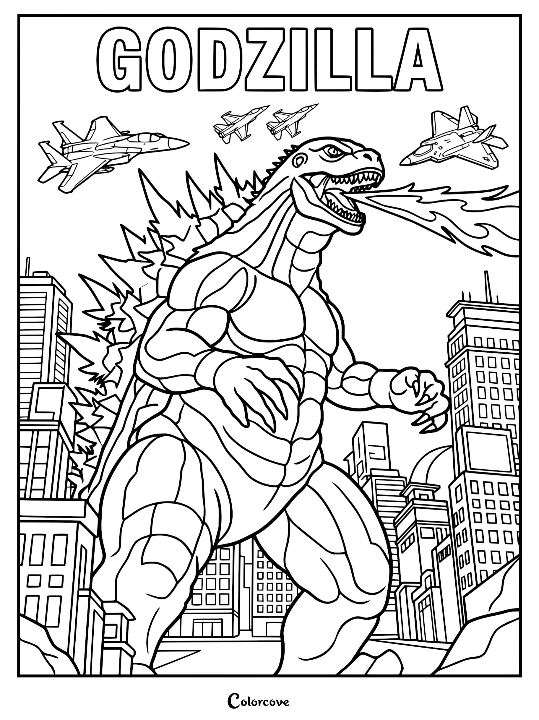 A printable Godzilla coloring page showing the giant monster breathing fire at fighter jets above a city skyline.