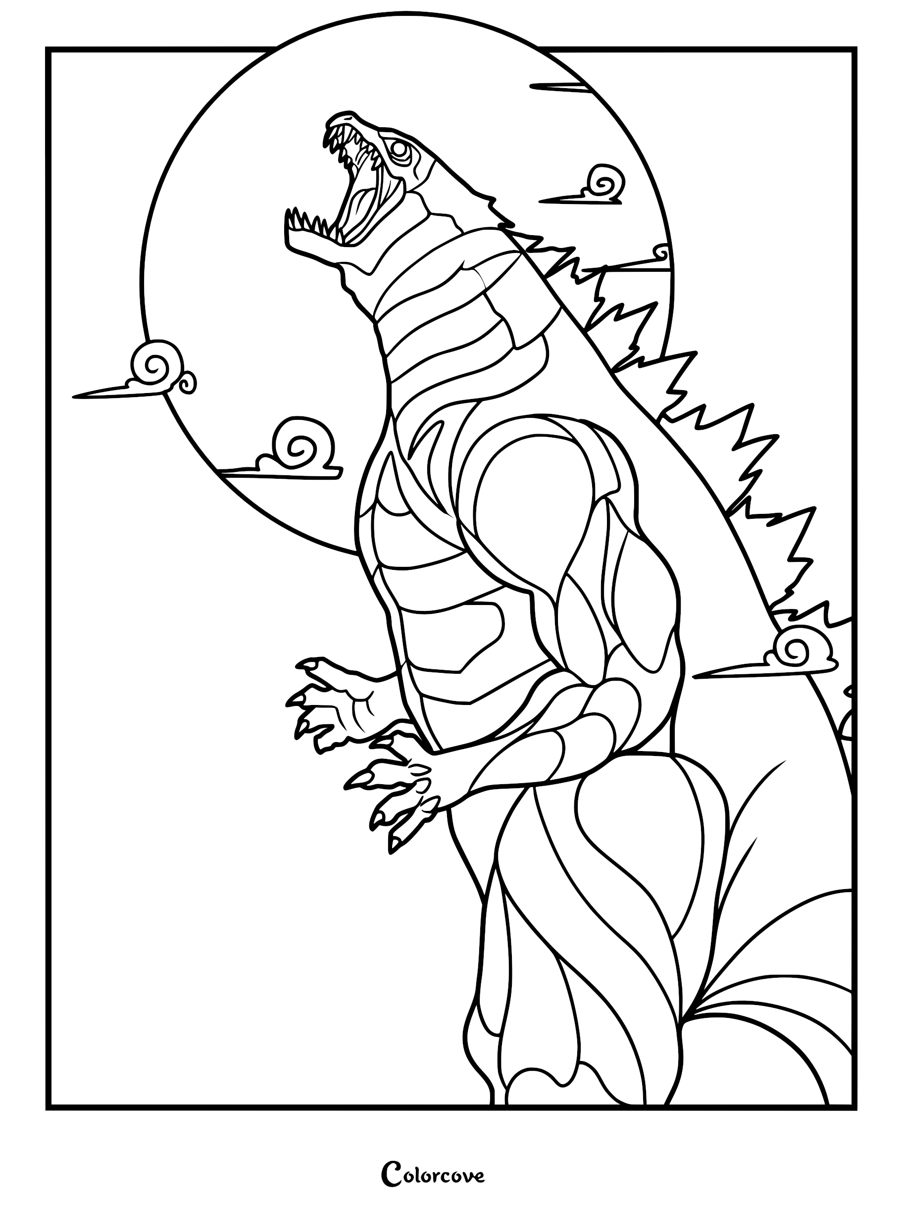 Godzilla roaring against a large circular full moon with stylized Japanese-inspired clouds in this detailed black and white coloring page.