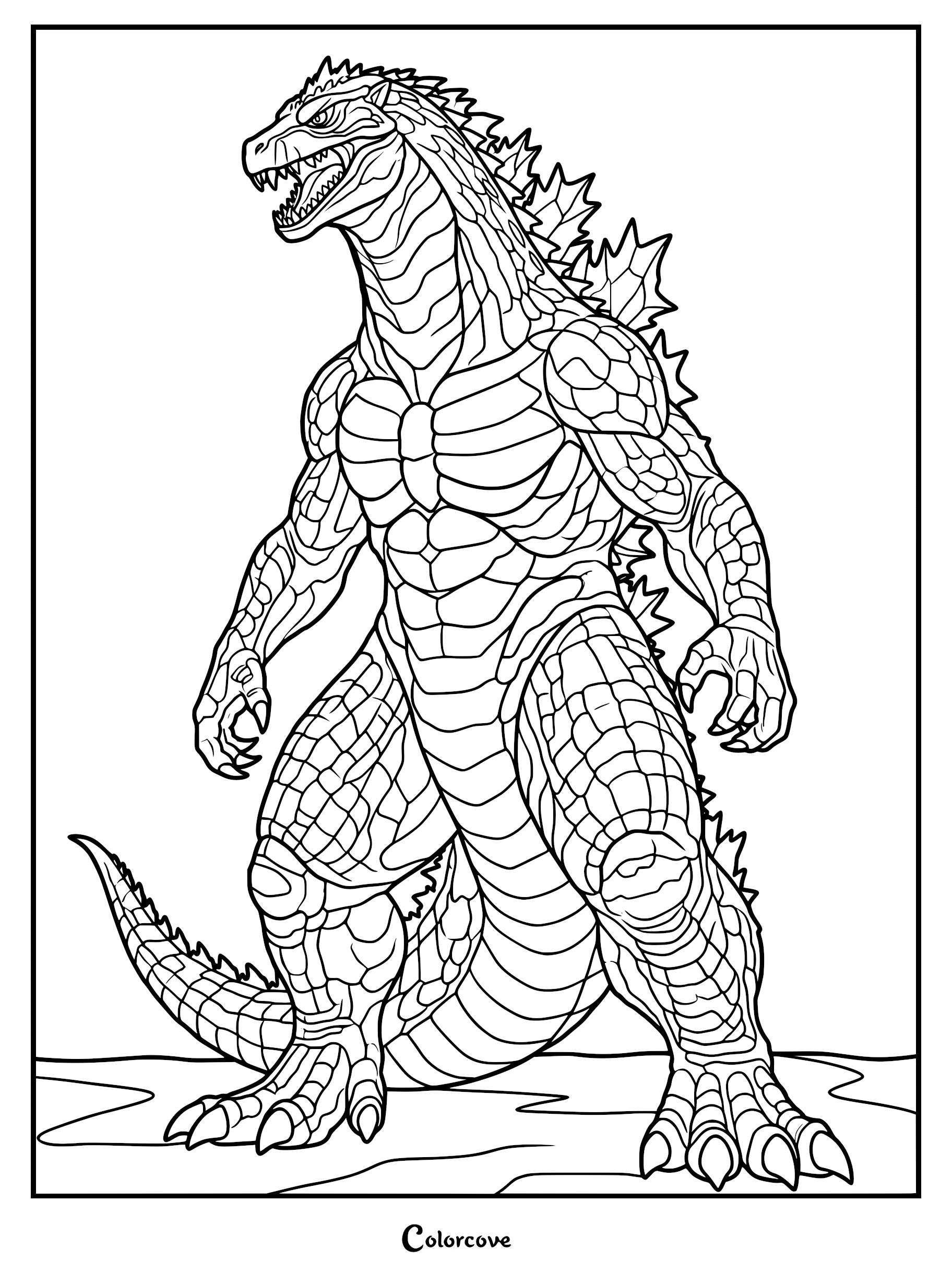 Godzilla standing in a powerful pose with detailed reptilian scales and jagged dorsal fins on a printable coloring page.