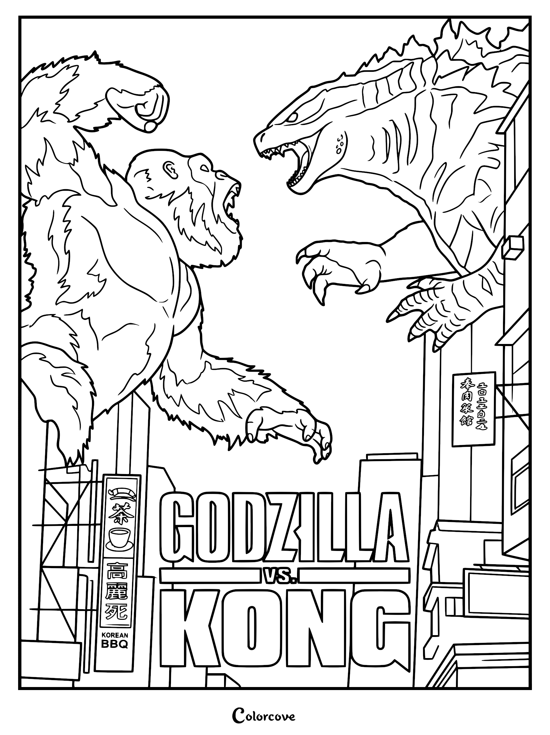 Godzilla and King Kong facing off in a city street, line art coloring page of monster titans fighting near Korean BBQ signs.