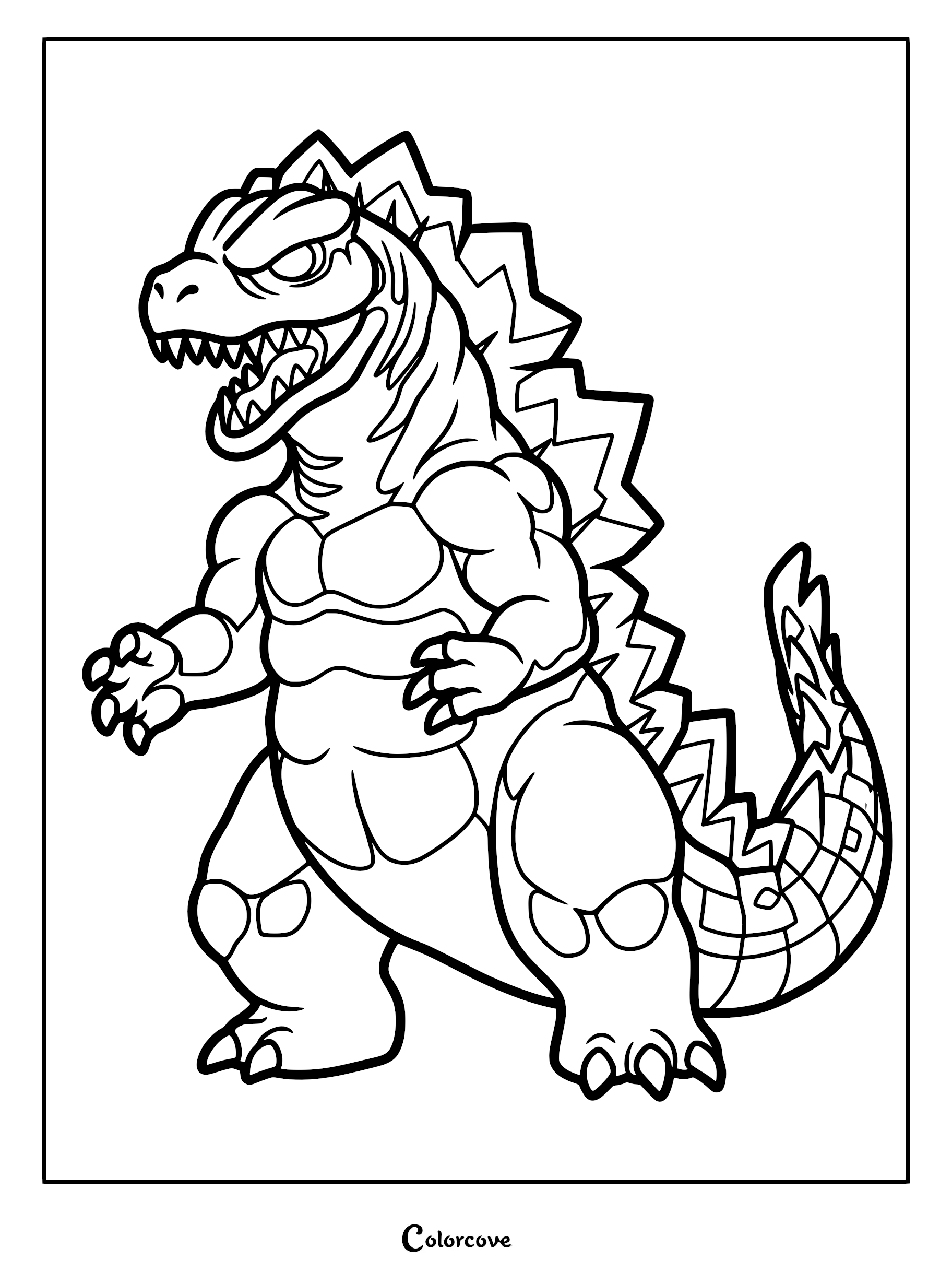 A printable coloring page featuring a cute chibi-style Godzilla with jagged dorsal fins and a muscular, stylized build.