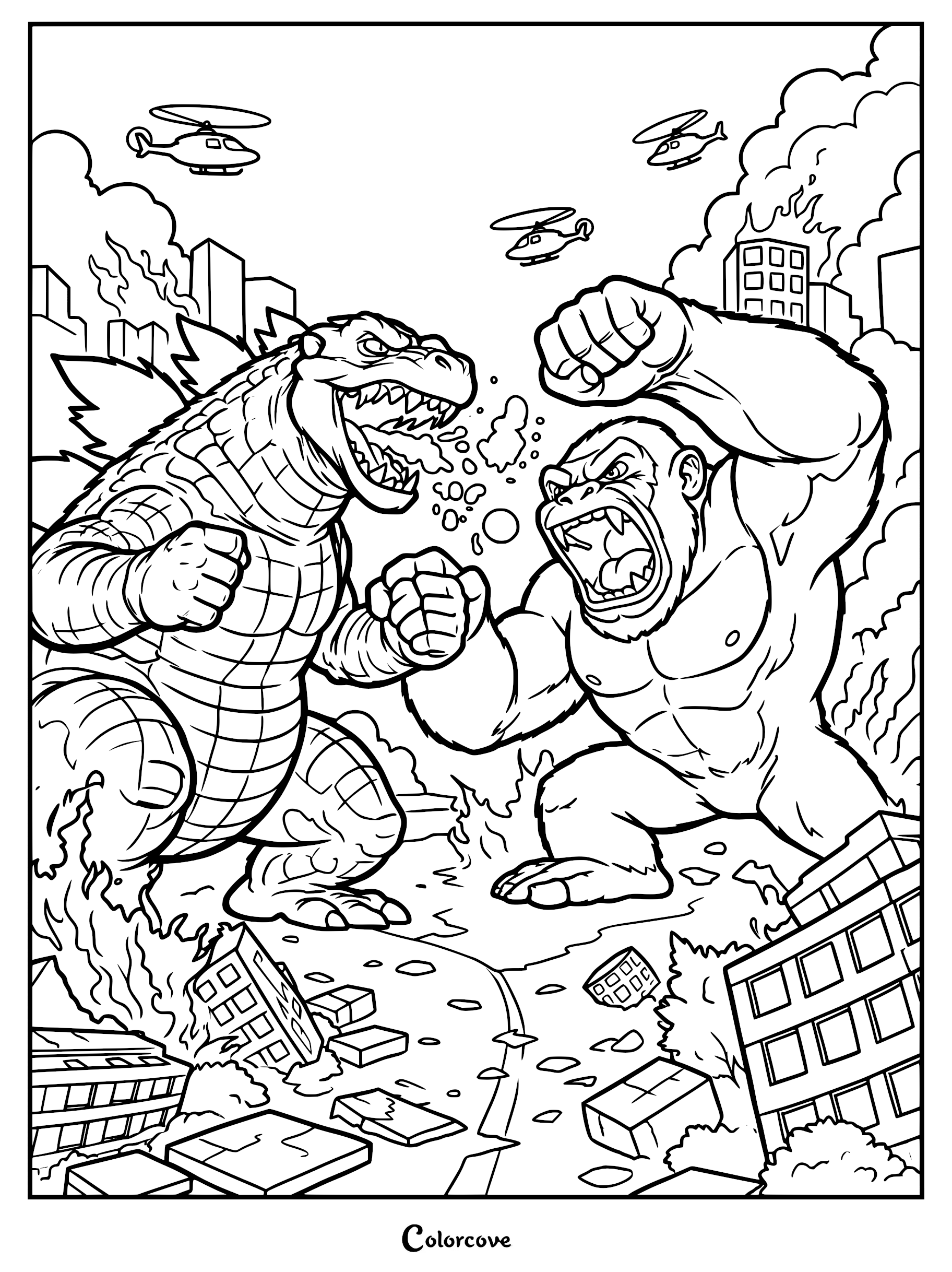 Godzilla and King Kong battling in a burning city with helicopters circling above in this detailed black and white line art coloring page.