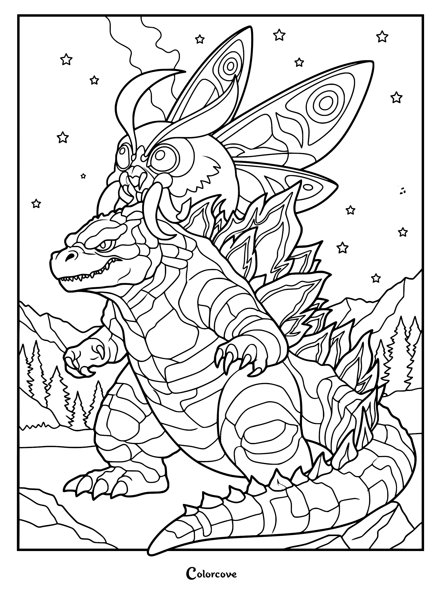 Godzilla standing with Mothra perched on his back in a starry landscape coloring page.
