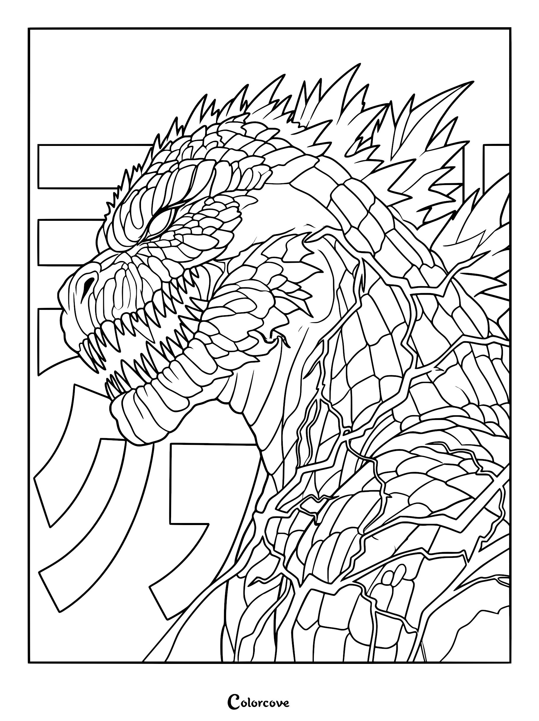 Detailed Godzilla profile coloring page featuring jagged dorsal plates and glowing energy patterns on skin.