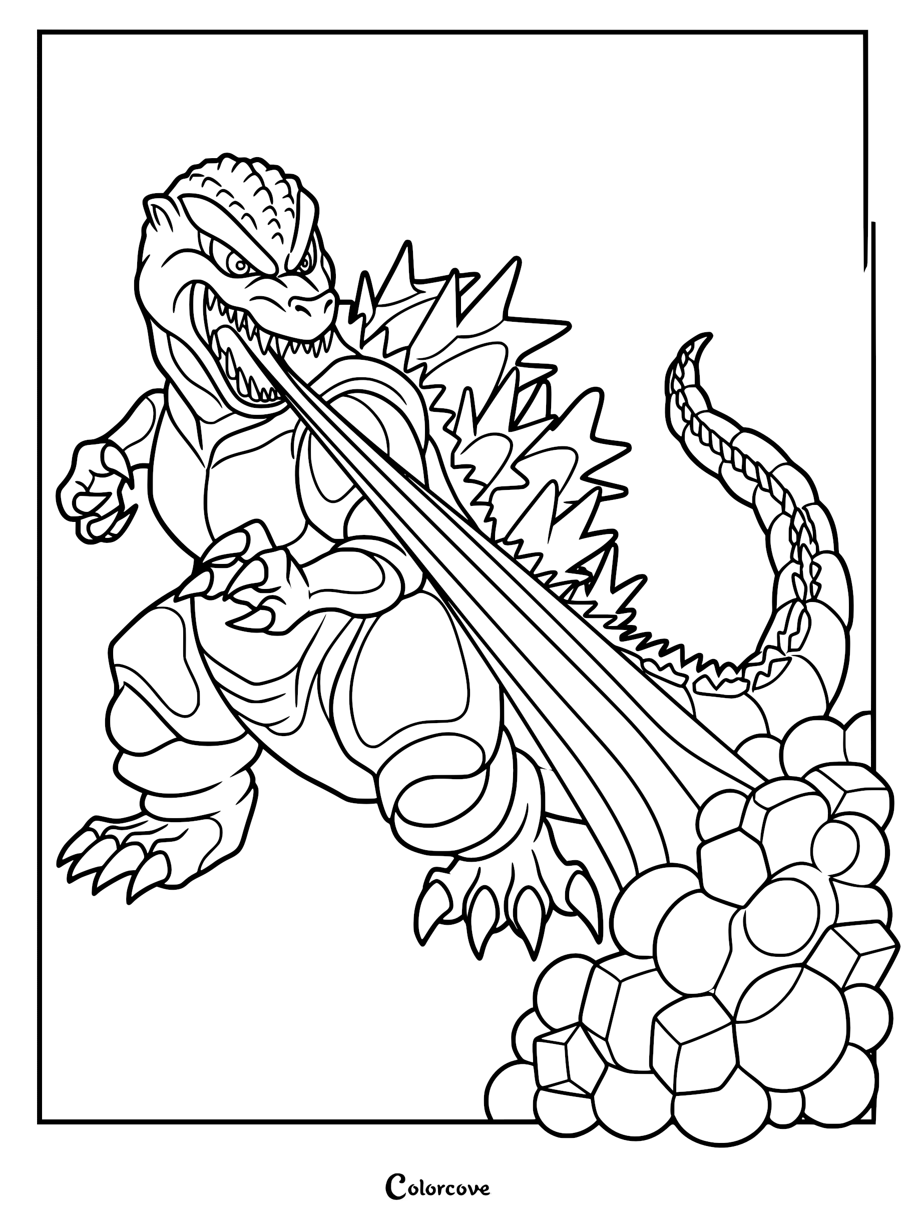 Godzilla roaring and firing a beam of atomic breath into a cluster of rocks in this detailed black and white coloring page.