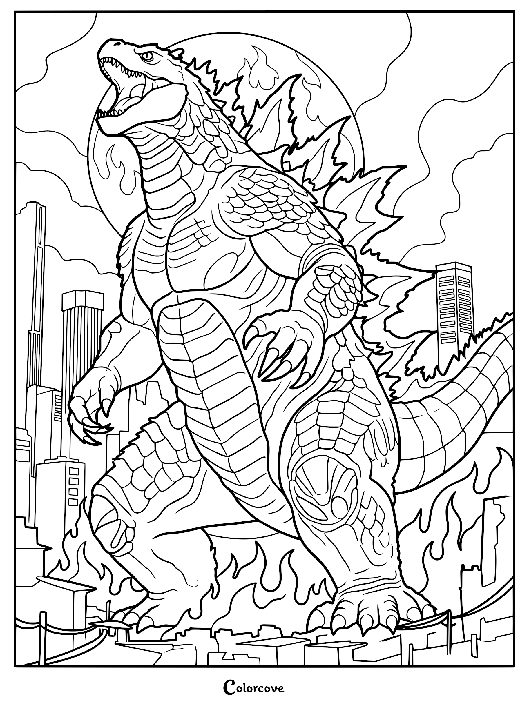 Godzilla roaring amidst a burning city skyline, coloring page featuring detailed reptilian scales and jagged dorsal fins with a giant moon background.
