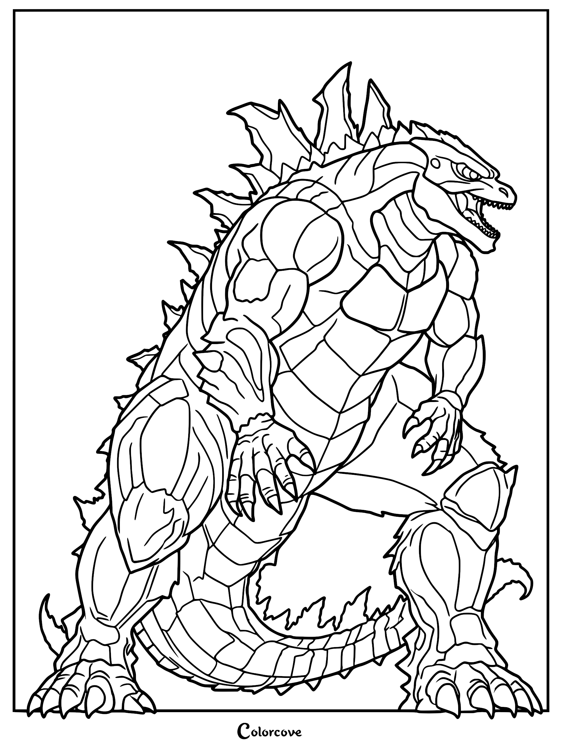 Godzilla standing in a powerful, muscular pose, featuring detailed dorsal fins and scaly skin, a printable coloring page.