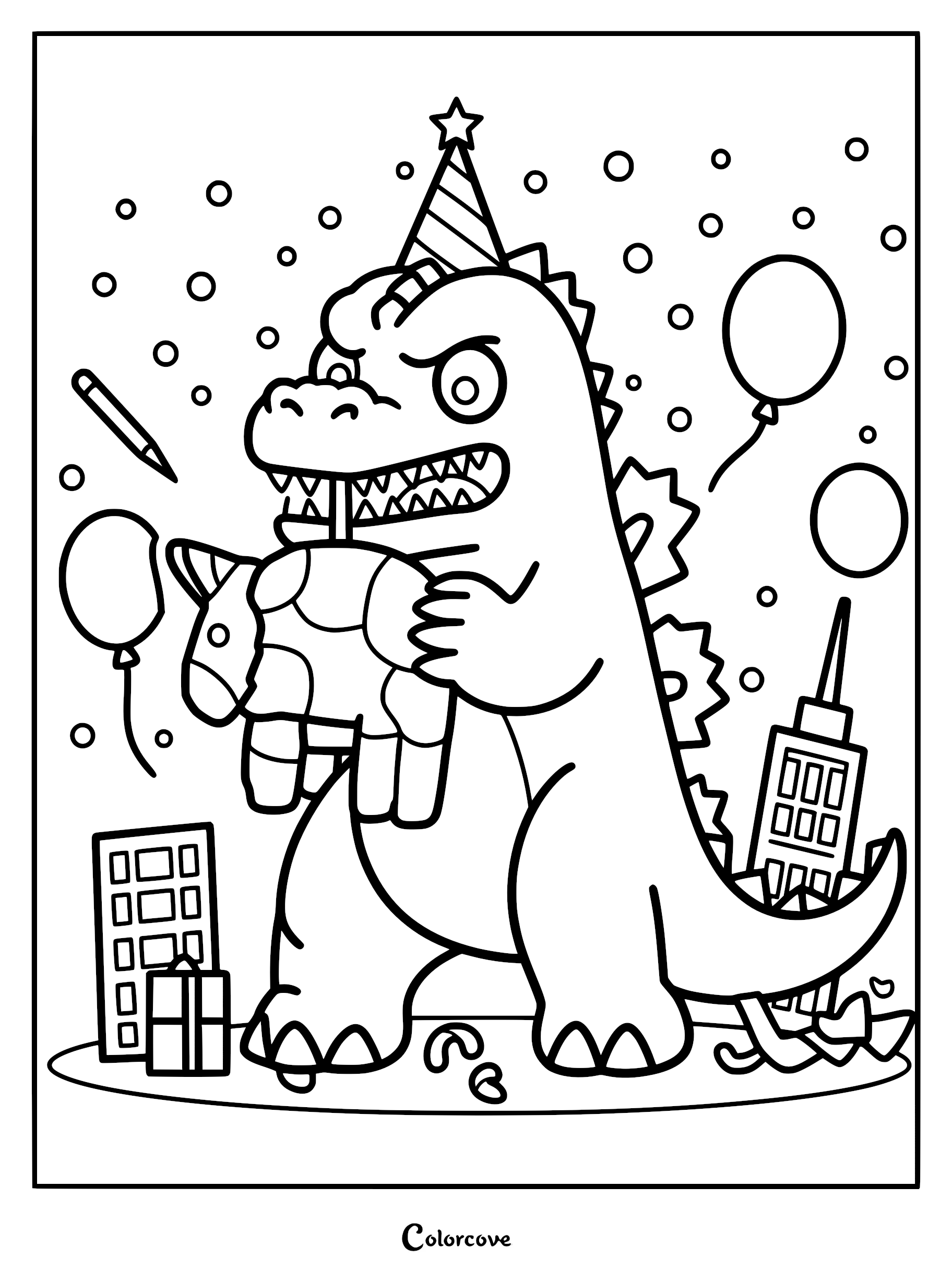A cute cartoon Godzilla wearing a star-topped party hat while holding a unicorn piñata amidst city buildings, balloons, and confetti in this printable coloring page.