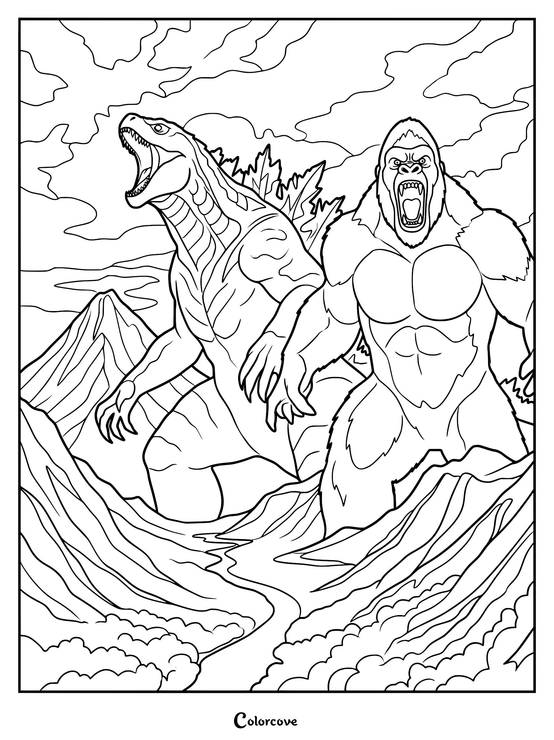 A detailed coloring page of Godzilla roaring alongside King Kong in a mountainous landscape with cloudy skies.