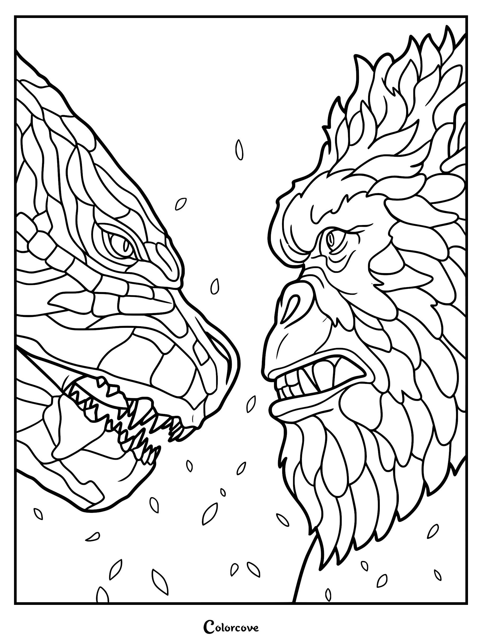 A detailed coloring page of Godzilla and King Kong face-to-face with open mouths, showcasing intricate reptile scales and thick ape fur.