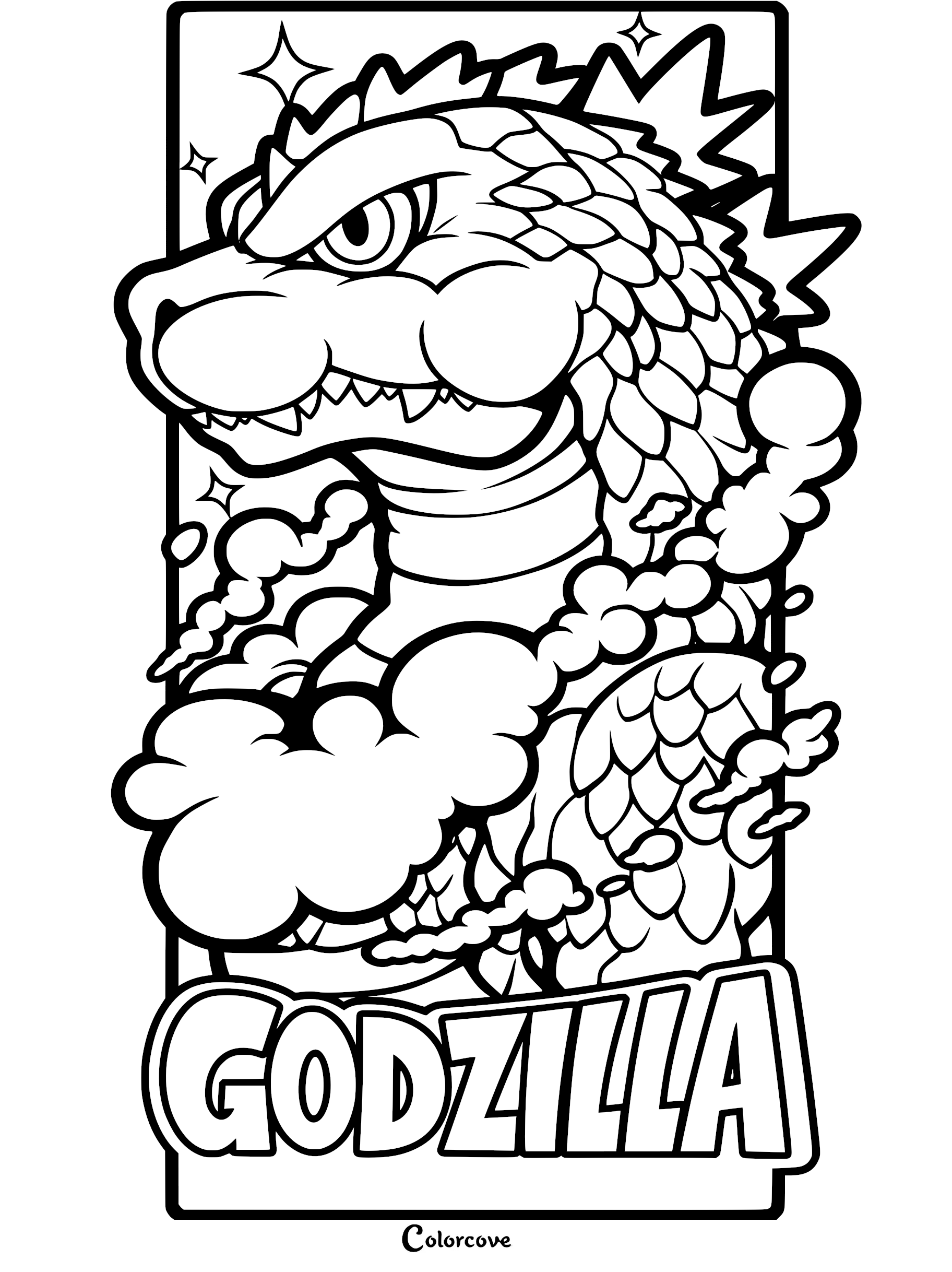 Chibi-style Godzilla coloring page featuring the kaiju surrounded by stylized clouds, sparkles, and bold text.
