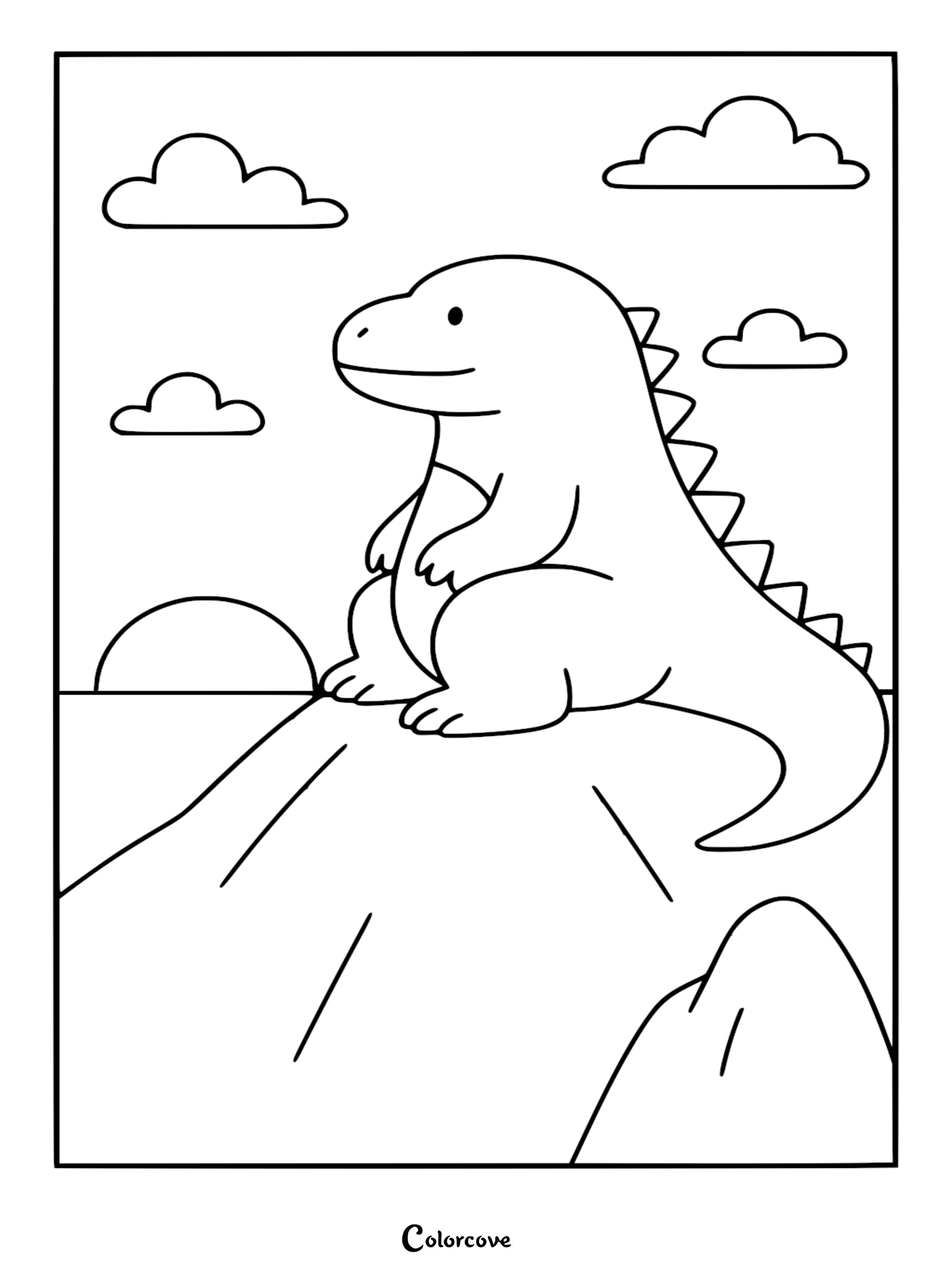 A simple black and white coloring page featuring a cute, chibi-style Godzilla sitting on a mountain peak at sunrise with fluffy clouds in the sky.