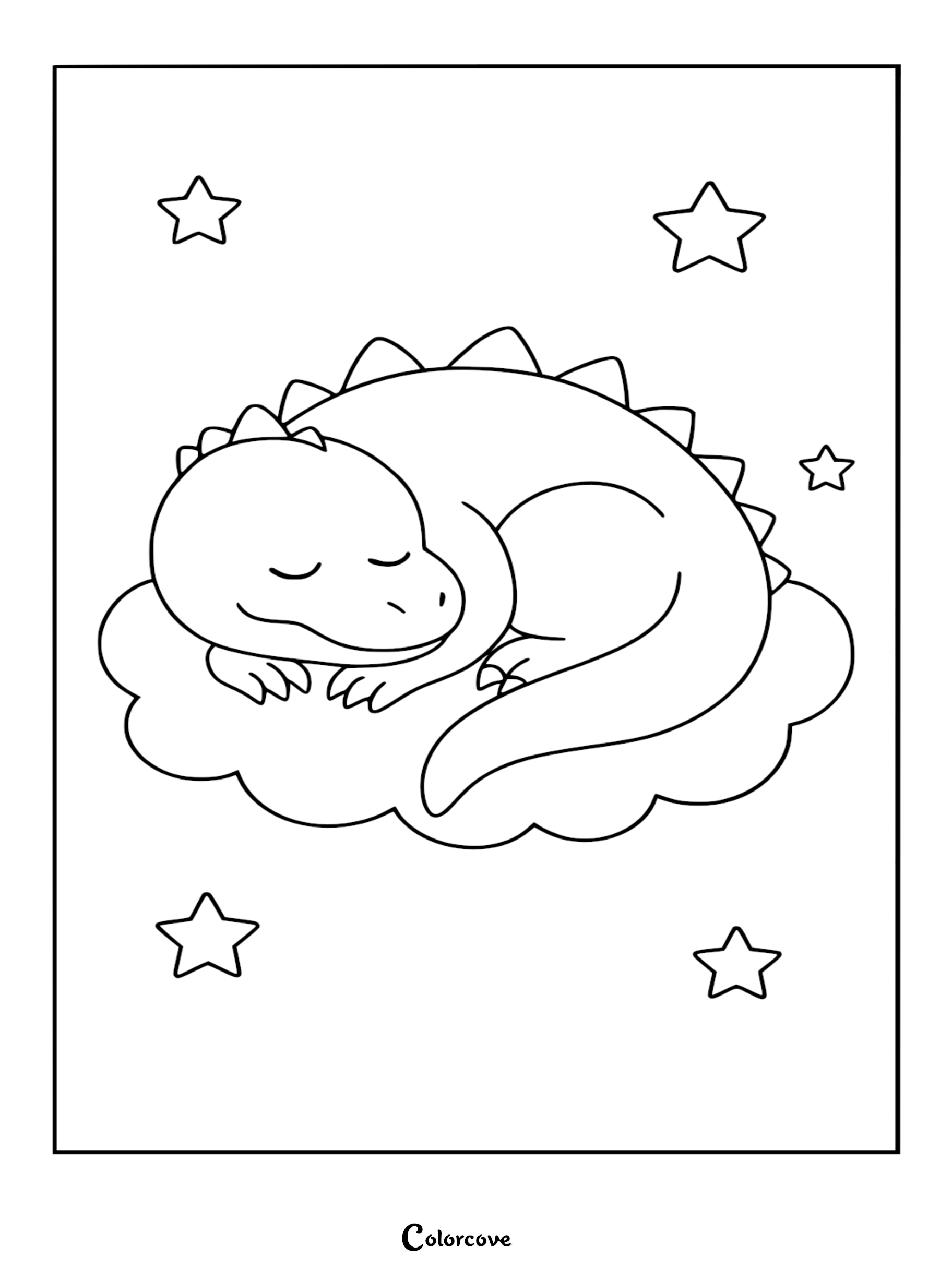 A cute Baby Godzilla curled up and sleeping peacefully on a fluffy cloud, surrounded by five simple outlined stars in a coloring page format.