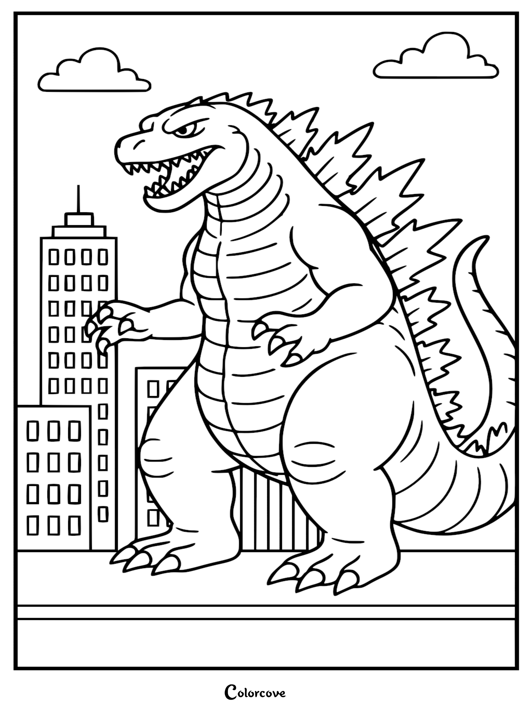 Godzilla roaring and walking past city skyscrapers in a simple black and white coloring page design.