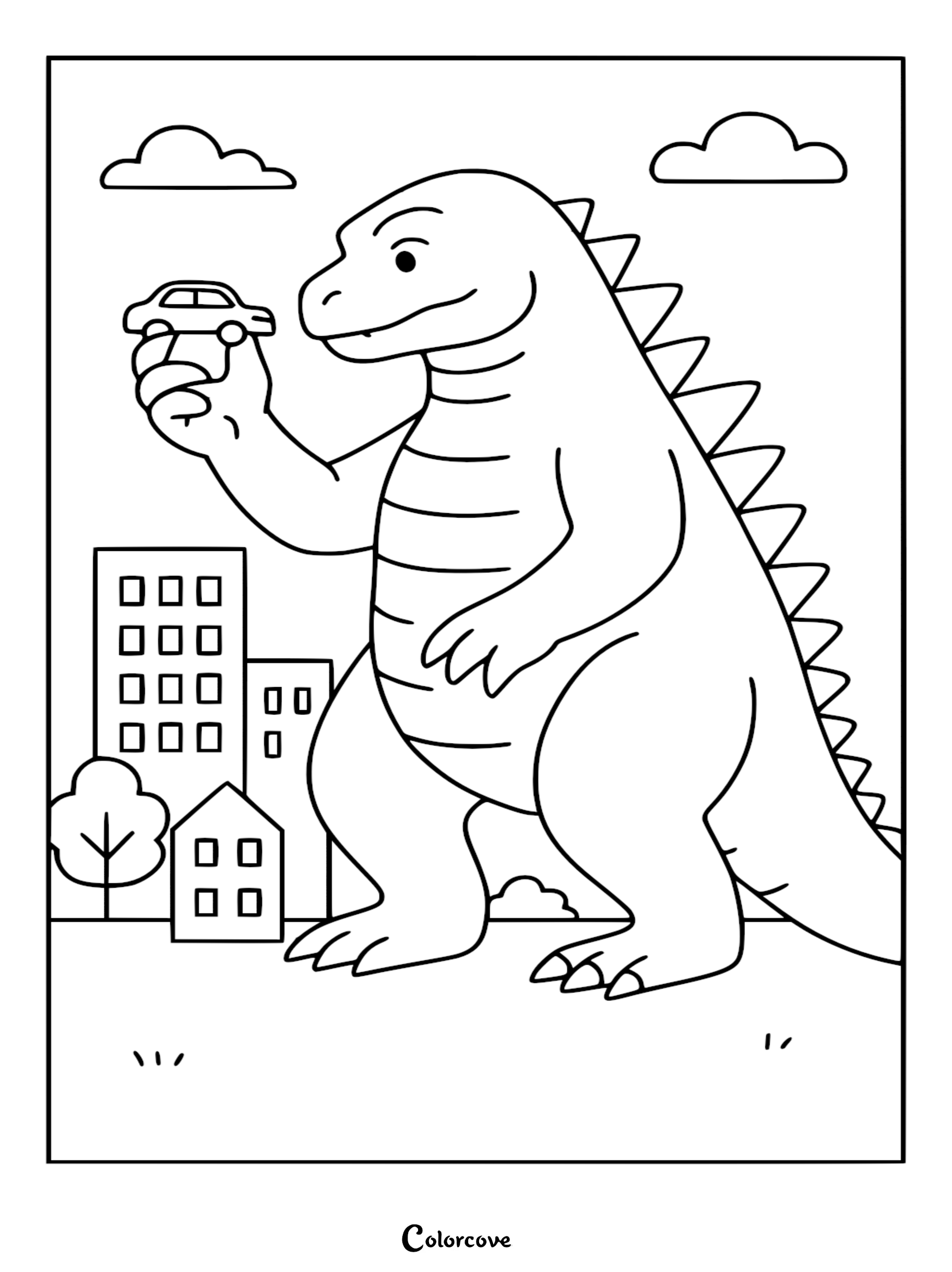 Godzilla holding a tiny car in his hand, standing in front of a city skyline, in a simple cartoon style coloring page.