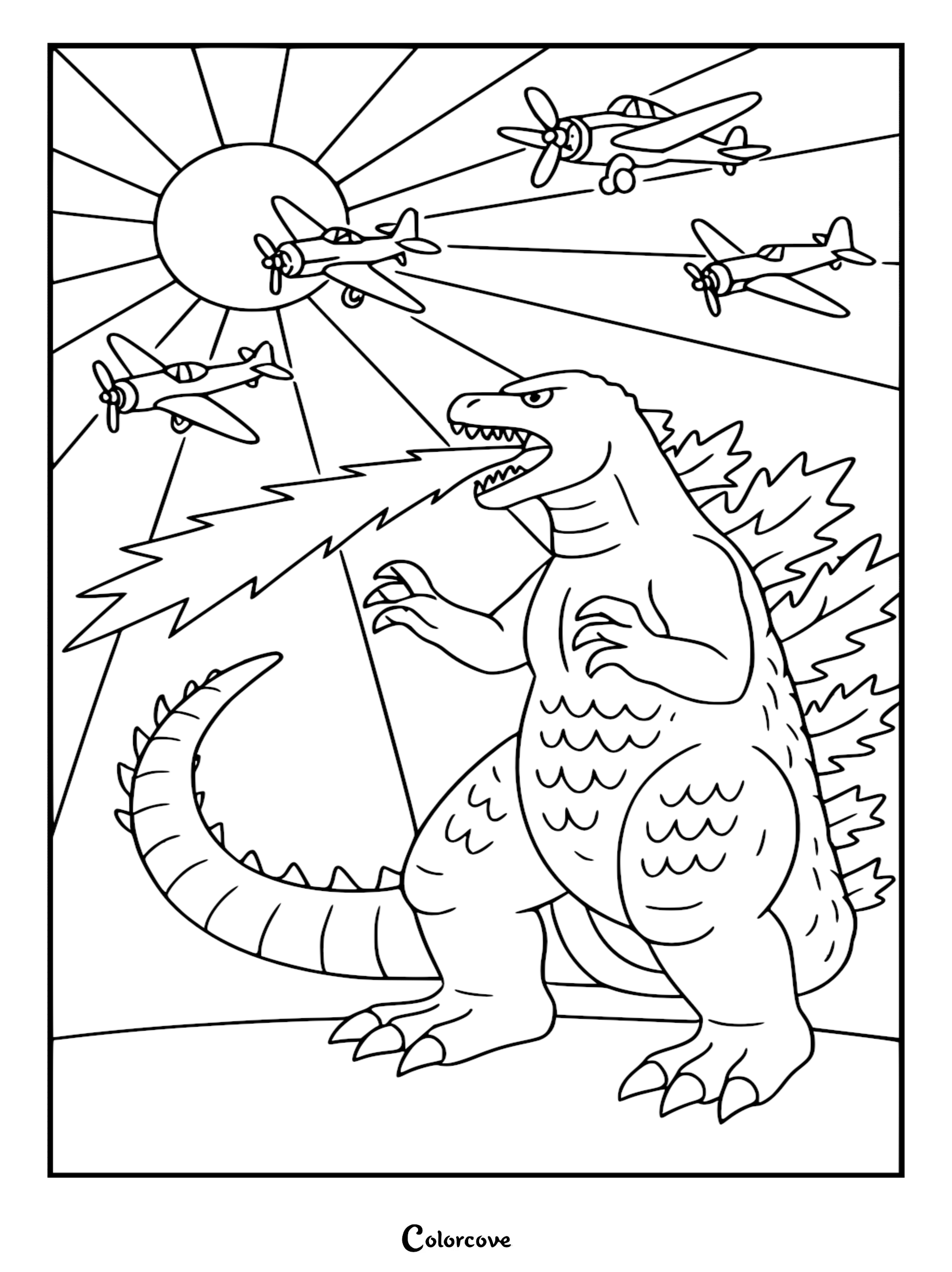 Godzilla roaring and breathing fire at three vintage propeller planes flying in front of a sunburst background, printable coloring page.