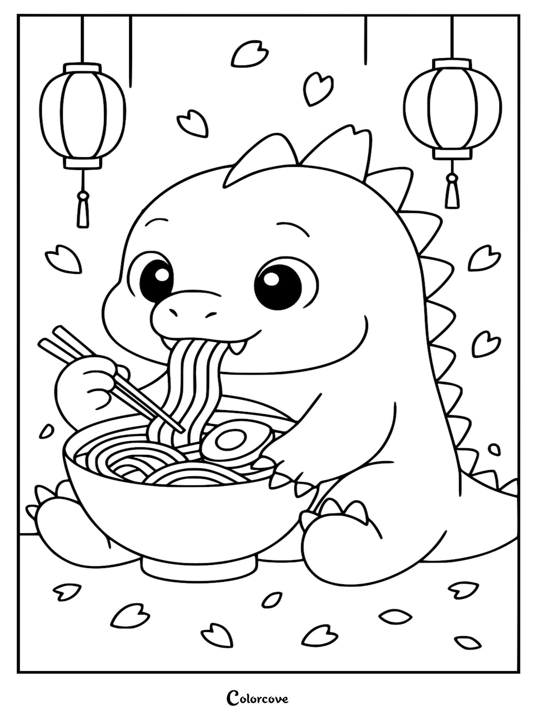 A cute chibi Godzilla character sitting and eating a bowl of ramen with chopsticks surrounded by hanging lanterns and floating cherry blossom petals in this printable coloring page.