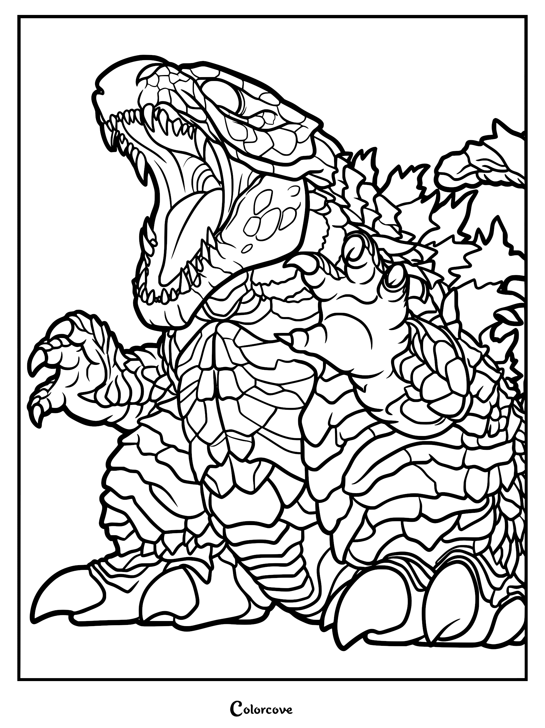 Detailed line art coloring page of Godzilla with a textured, scaly hide, roaring with an open mouth and sharp claws extended.