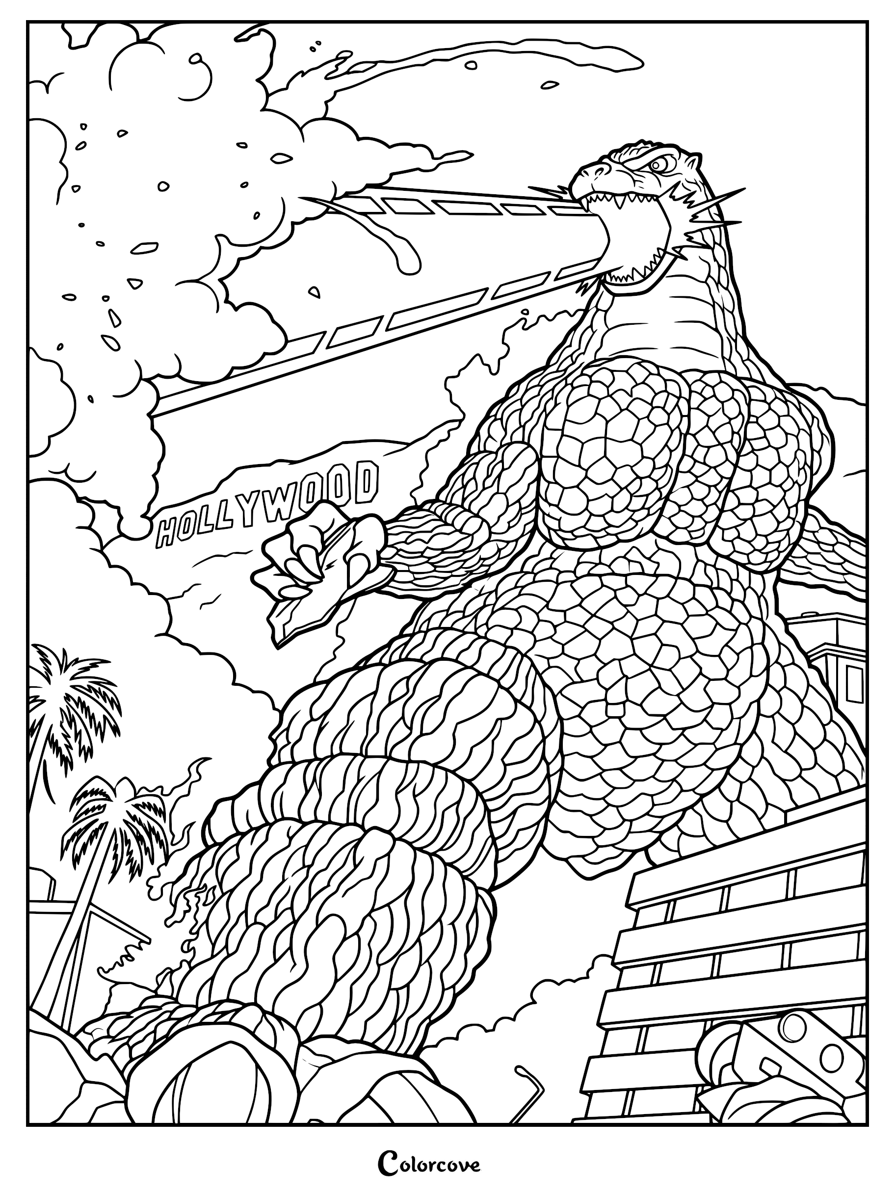 Godzilla breathing atomic fire at the Hollywood sign in Los Angeles in this detailed line art coloring page for kids.