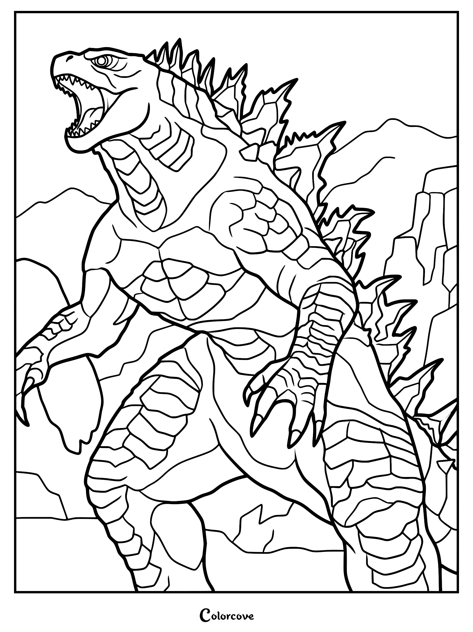 A detailed coloring page of Godzilla standing in a mountain landscape, roaring with mouth open and sharp dorsal fins visible on its back.