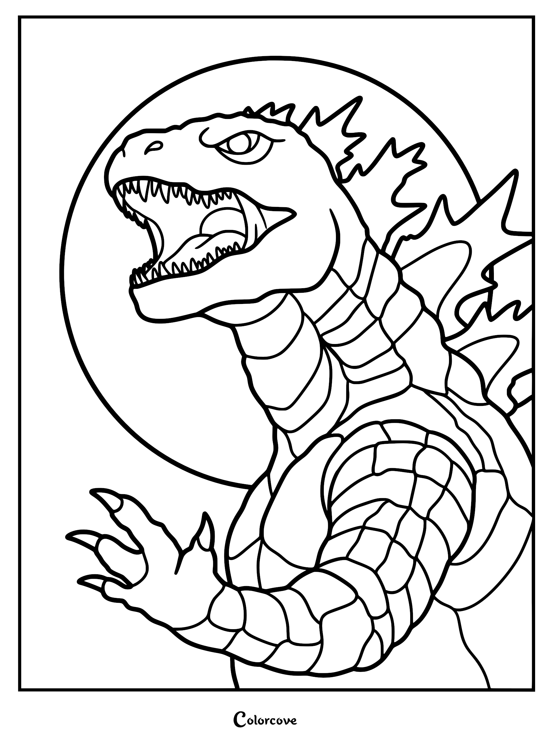A detailed Godzilla coloring page featuring a close-up of the monster roaring with sharp teeth and dorsal fins against a circular moon background.