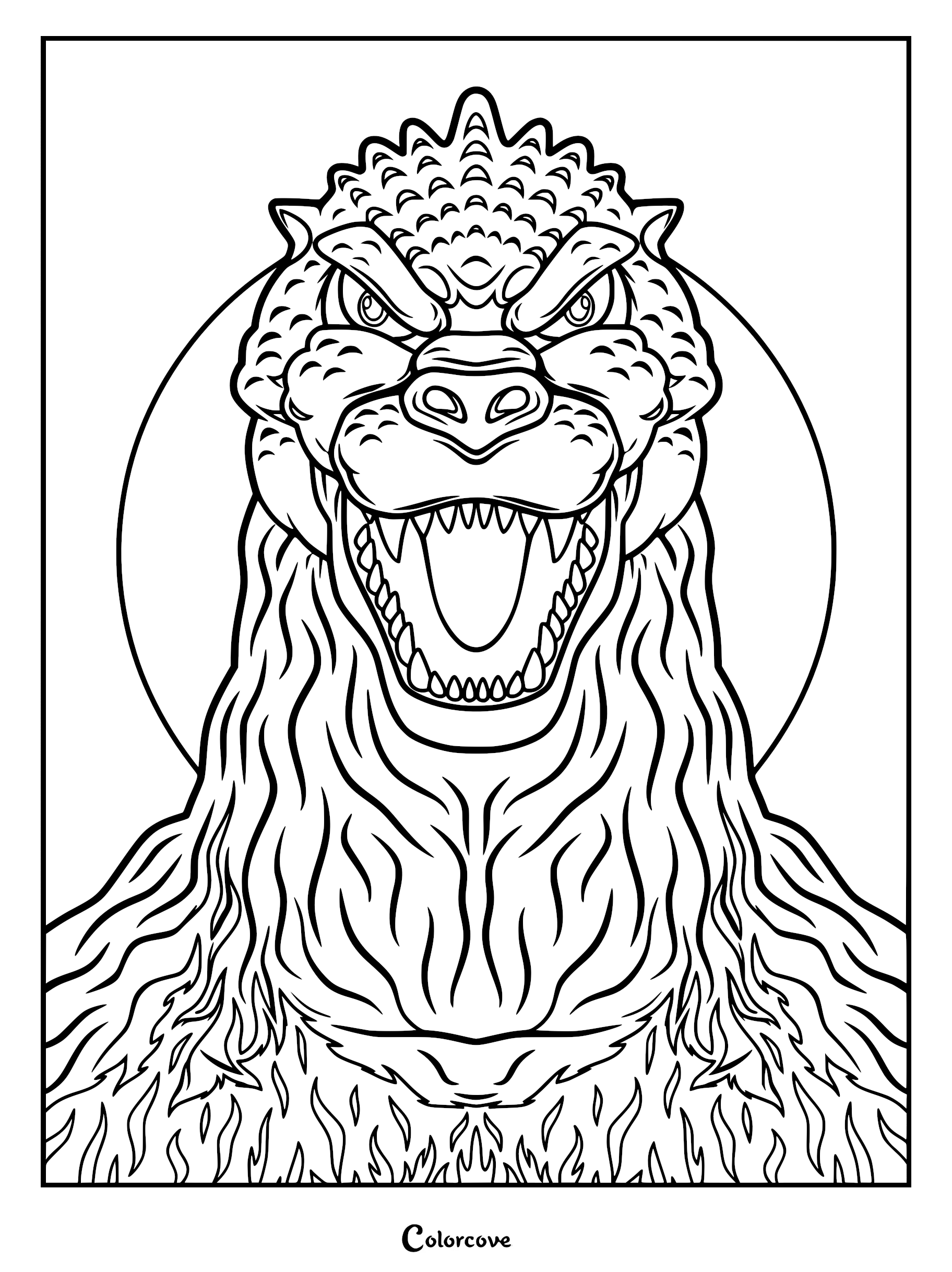A printable coloring page featuring a front-facing, detailed portrait of Godzilla with a roaring open mouth, textured scales, and a large circular background behind him.