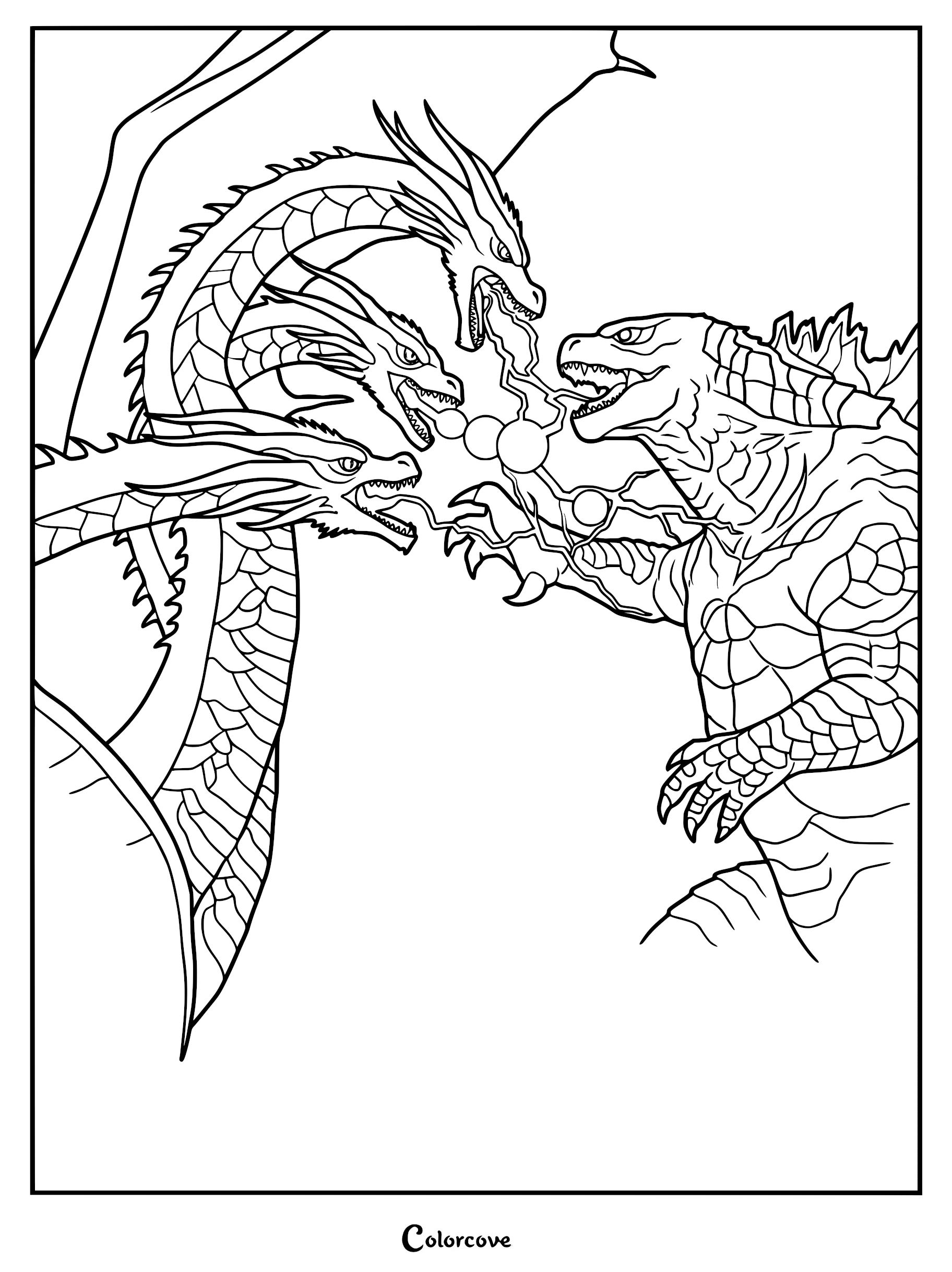 Godzilla battling three-headed King Ghidorah with electric energy beams in a detailed black and white printable coloring page.