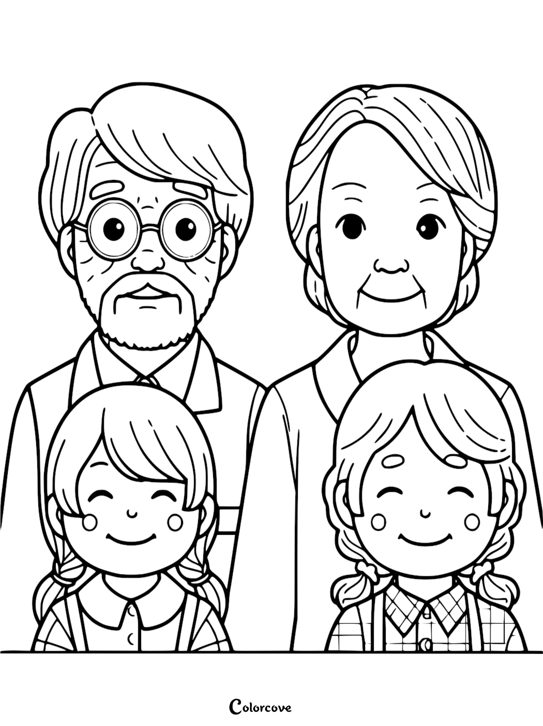 A printable coloring page featuring a smiling grandfather with glasses and grandmother standing behind two young girls with pigtails.