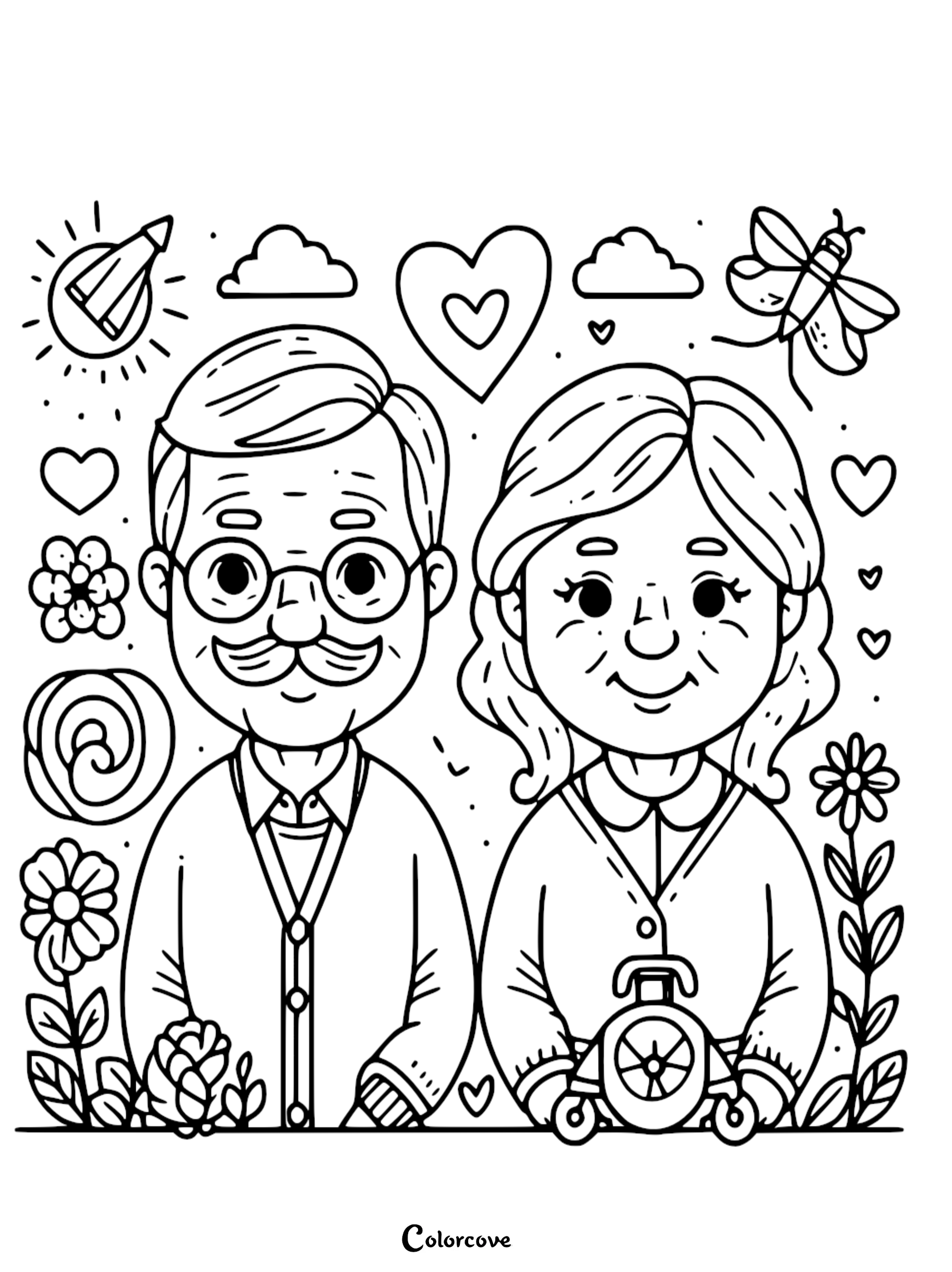 A friendly elderly couple smiling on a Grandparents Day coloring page featuring a sun, a dragonfly, flowers, and floating hearts in a whimsical style.
