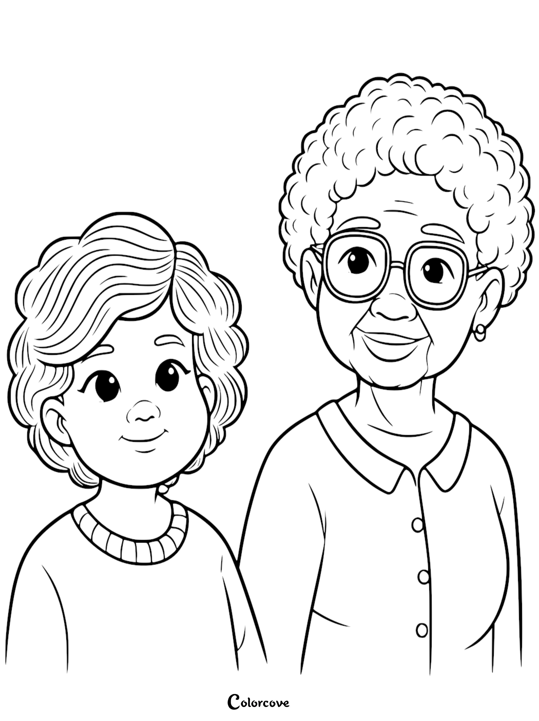 Black and white line art coloring page featuring a curly-haired grandmother wearing square glasses standing next to a smiling young child.