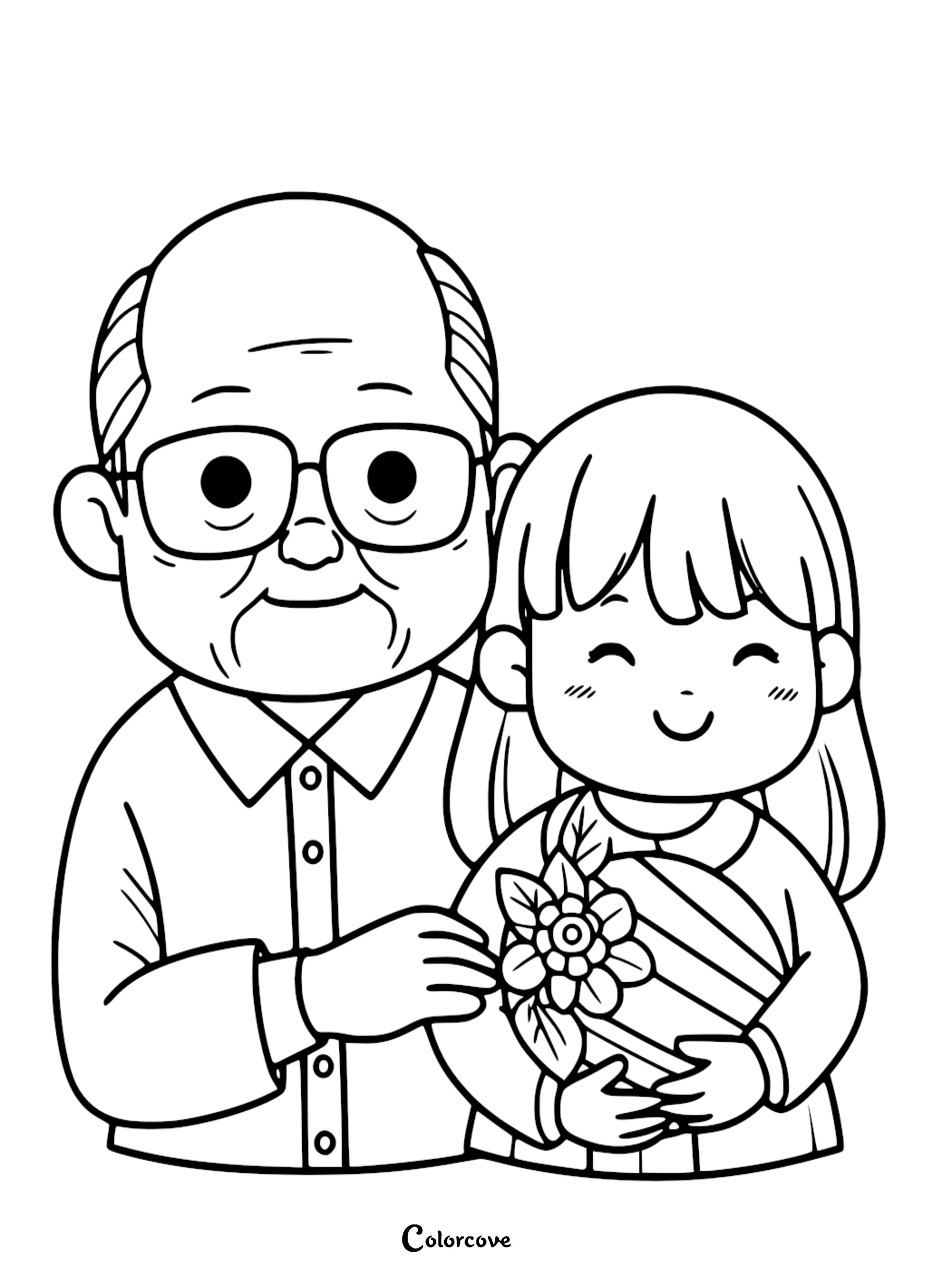 A smiling grandfather wearing glasses and his granddaughter holding a striped gift with a flower on top in this Grandparents Day line art coloring page.