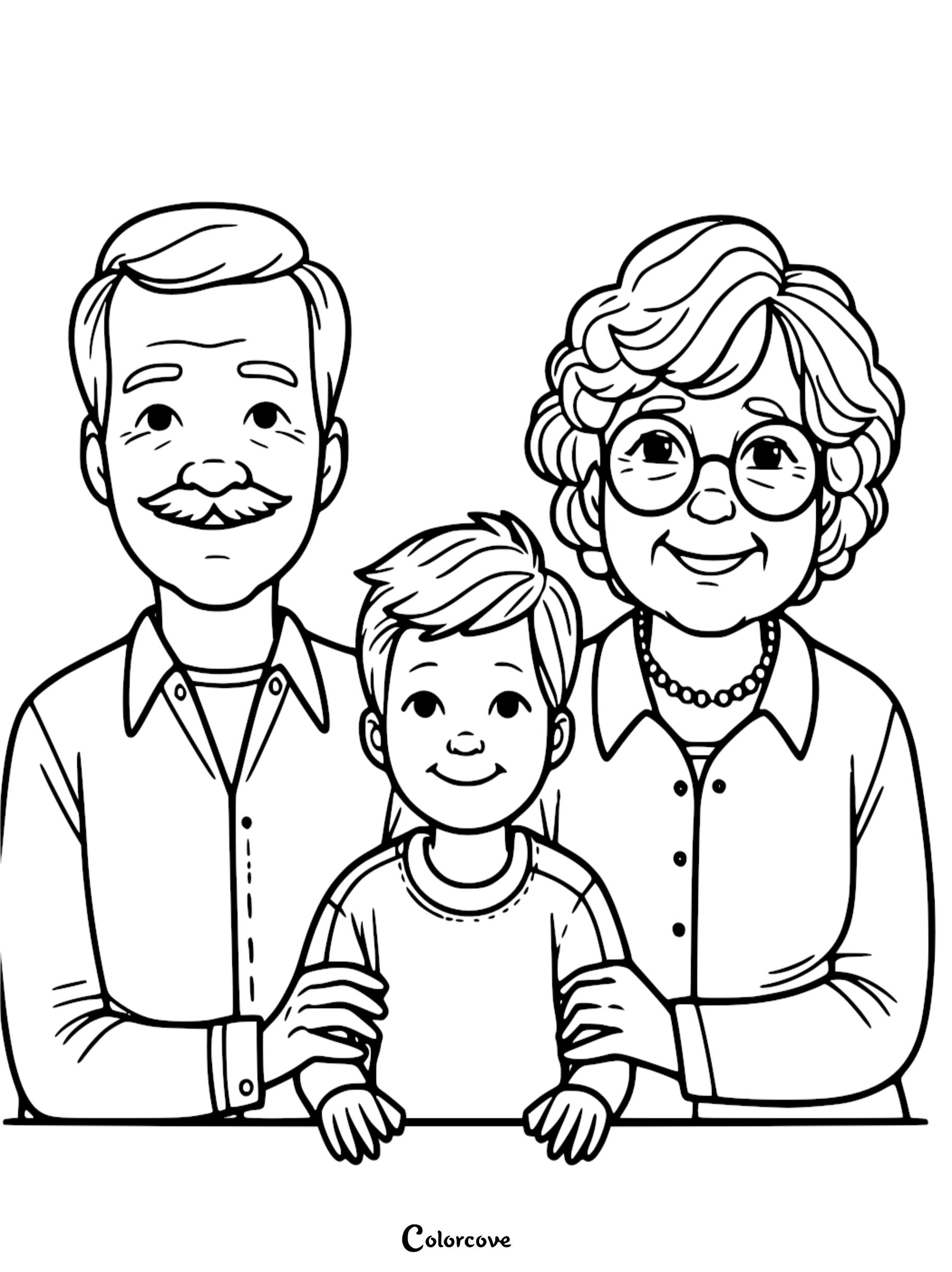 A friendly black and white line art coloring page featuring a smiling grandfather with a mustache, a grandmother with curly hair and round glasses, and their young grandson standing between them.